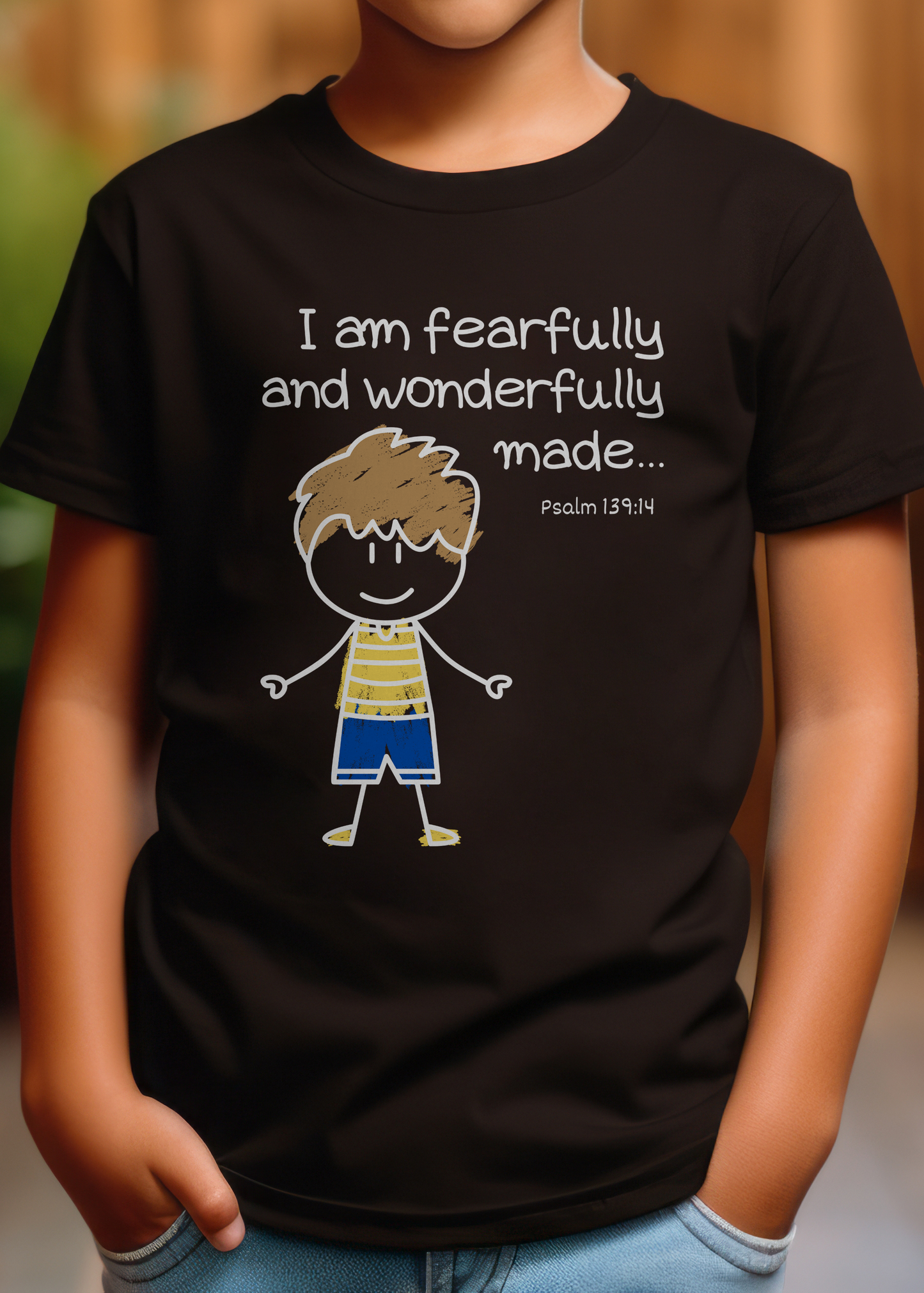 Kid's black Christian T-shirt with "I am fearfully and wonderfully made" print design. Classic fit, crew neck, shoulder-to-shoulder taping.