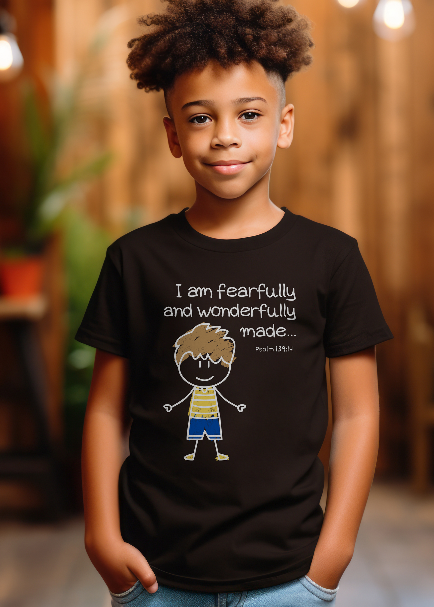 White kid's Christian T-shirt with "I am fearfully and wonderfully made" print design. Classic fit, crew neck, shoulder-to-shoulder taping.