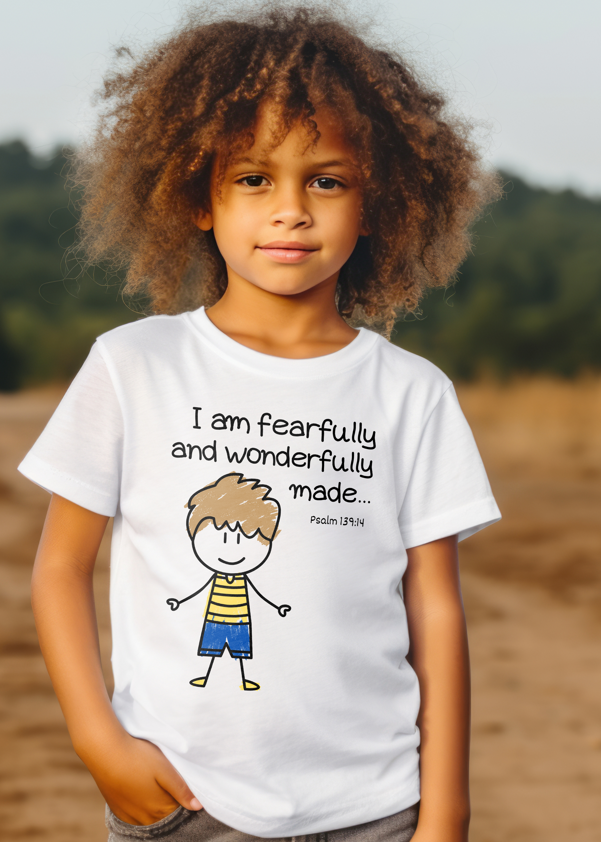 Kid's white Christian T-shirt with "I am fearfully and wonderfully made" print design.