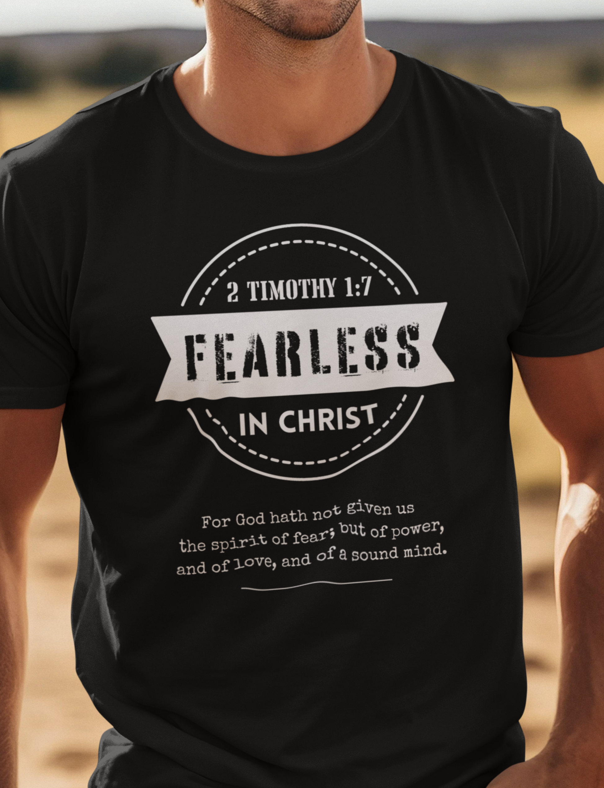 Black Men's Christian T-Shirt with "Fearless In Christ" Print design. Crew neck, short-sleeved, classic fit.