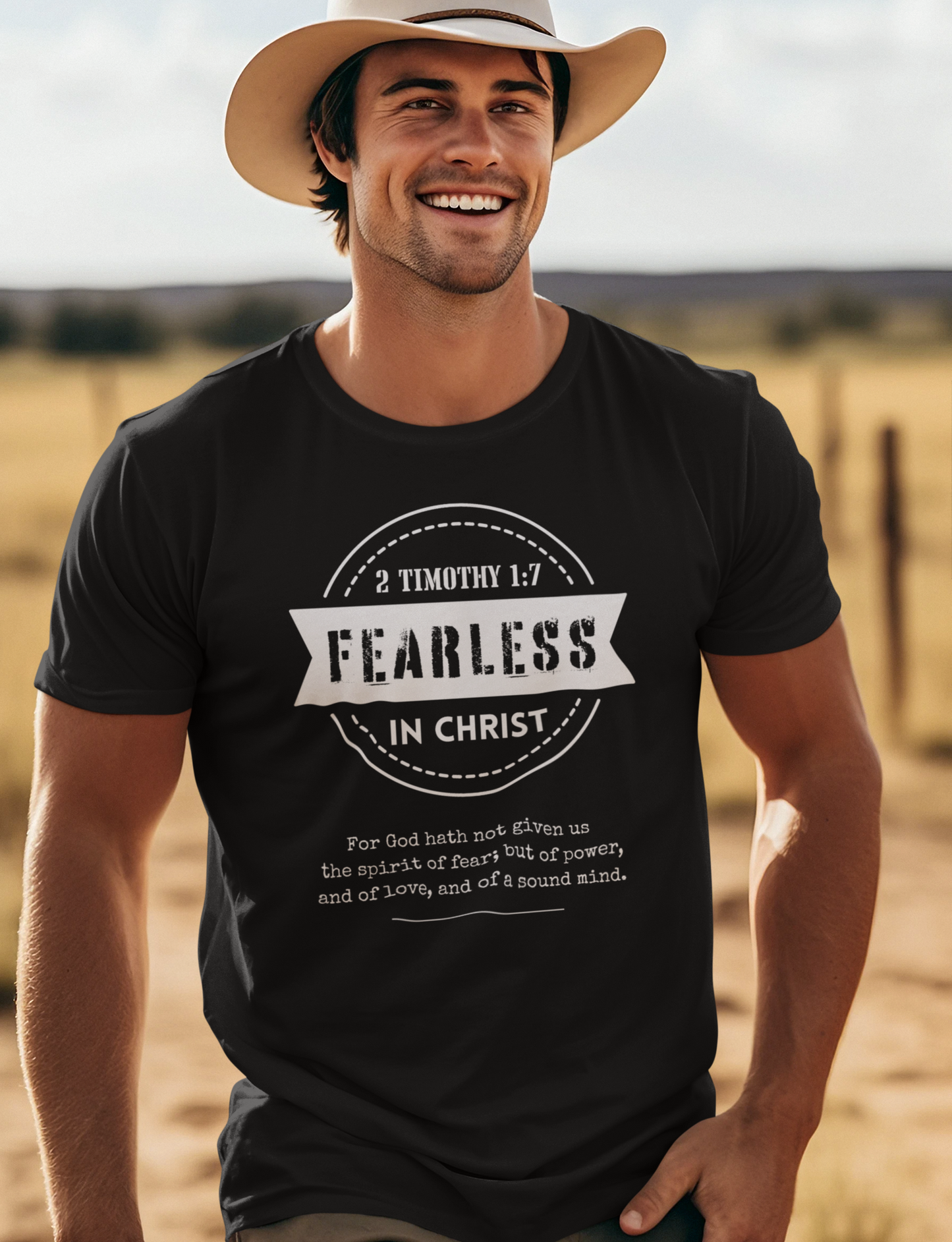 Black Men's Christian T-Shirt with "Fearless In Christ" Print design. Crew neck, short-sleeved, classic fit.