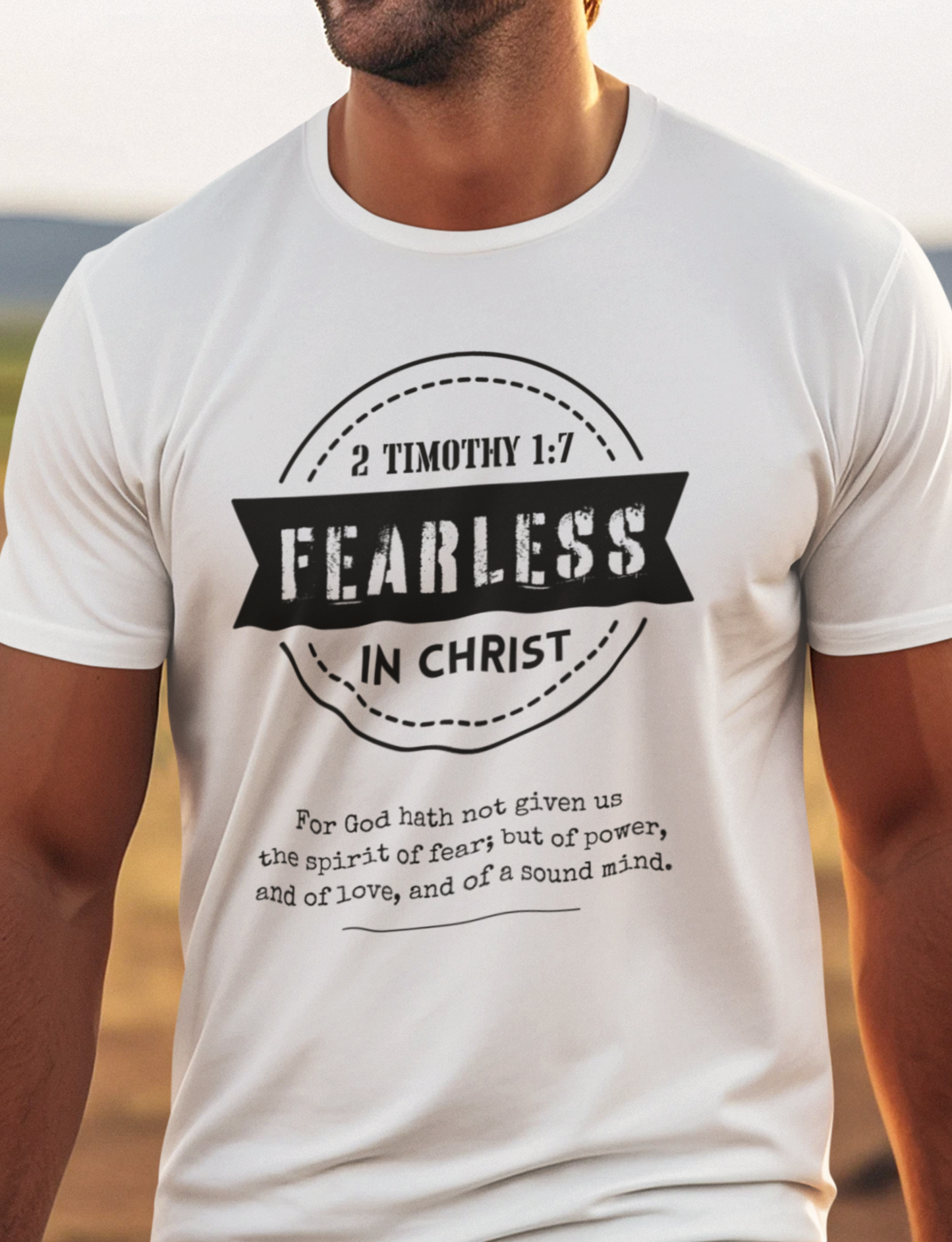 White Men's Christian T-Shirt with "Fearless In Christ" Print design. Crew neck, short-sleeved, classic fit.