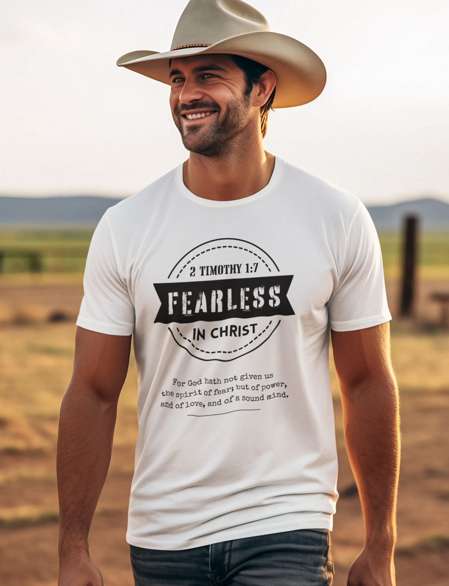 White Men's Christian T-Shirt with "Fearless In Christ" Print design. Crew neck, short-sleeved, classic fit.