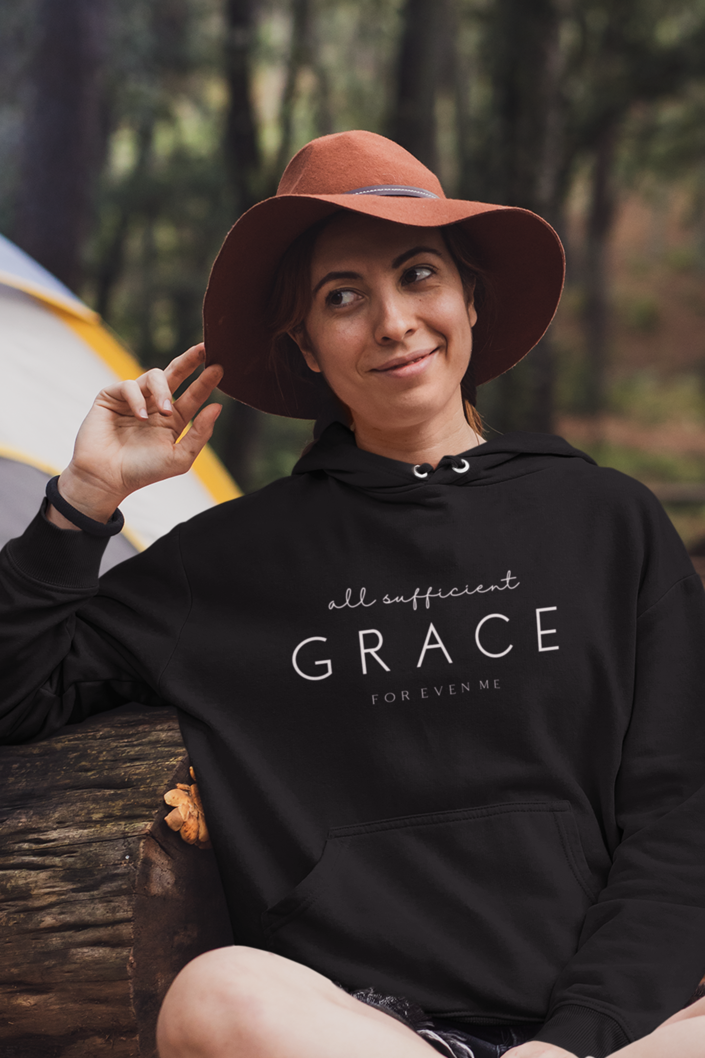 Black Christian Hoodie with "All Sufficient Grace For Even Me" print design on the front. Pullover, with large pouch pocket on the front.