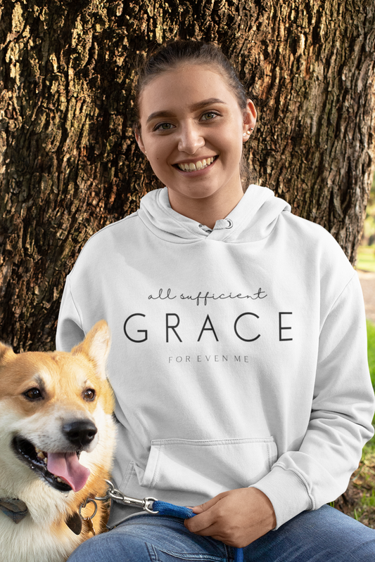 White Christian Hoodie with "All Sufficient Grace For Even Me" print design on the front. Pullover, with large pouch pocket on the front.