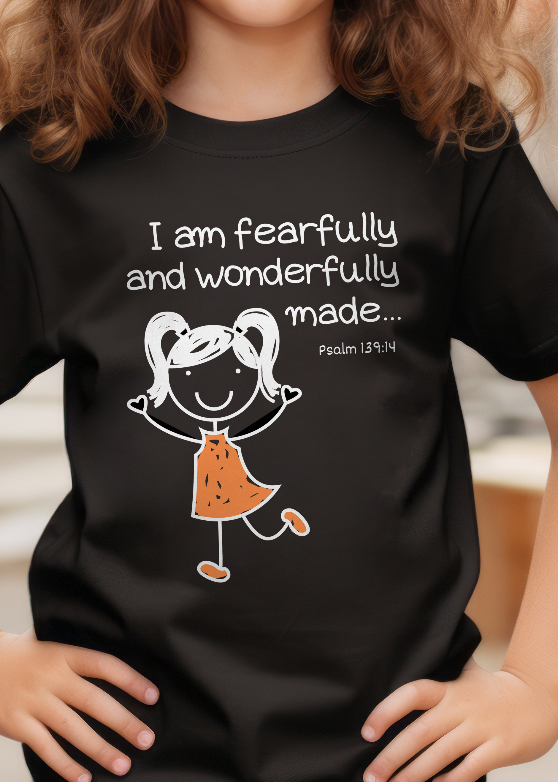 Kids' black Christian T-shirt with "I am fearfully and wonderfully made" print design. Crew neck, classic retail fit. For girls