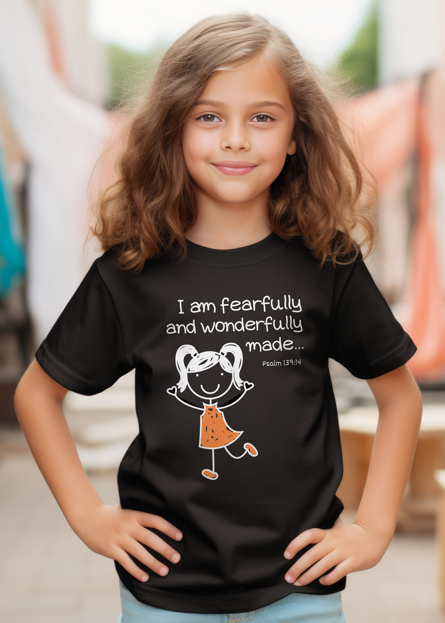 Kids' black Christian T-shirt with "I am fearfully and wonderfully made" print design. Crew neck, classic retail fit. For girls