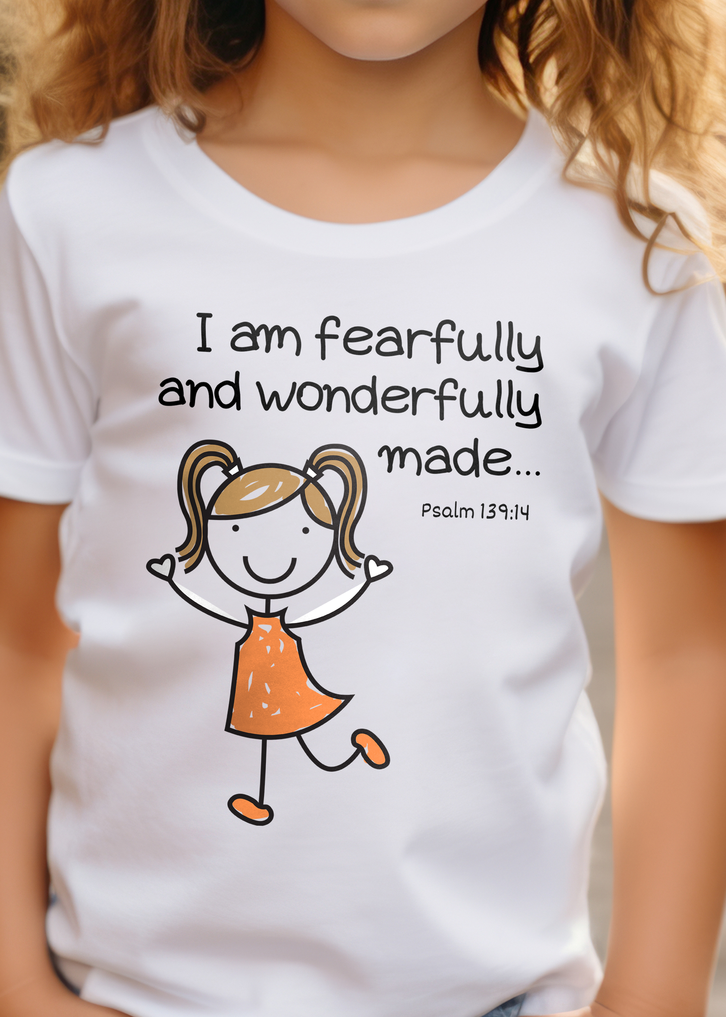 Kids' white Christian T-shirt with "I am fearfully and wonderfully made" print design. Crew neck, classic retail fit. For girls