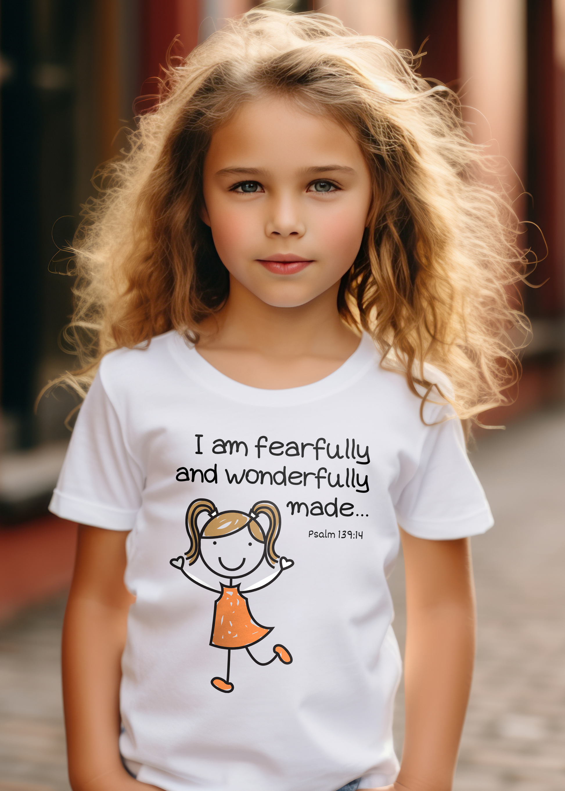 Kids' white Christian T-shirt with "I am fearfully and wonderfully made" print design. Crew neck, classic retail fit. For girls