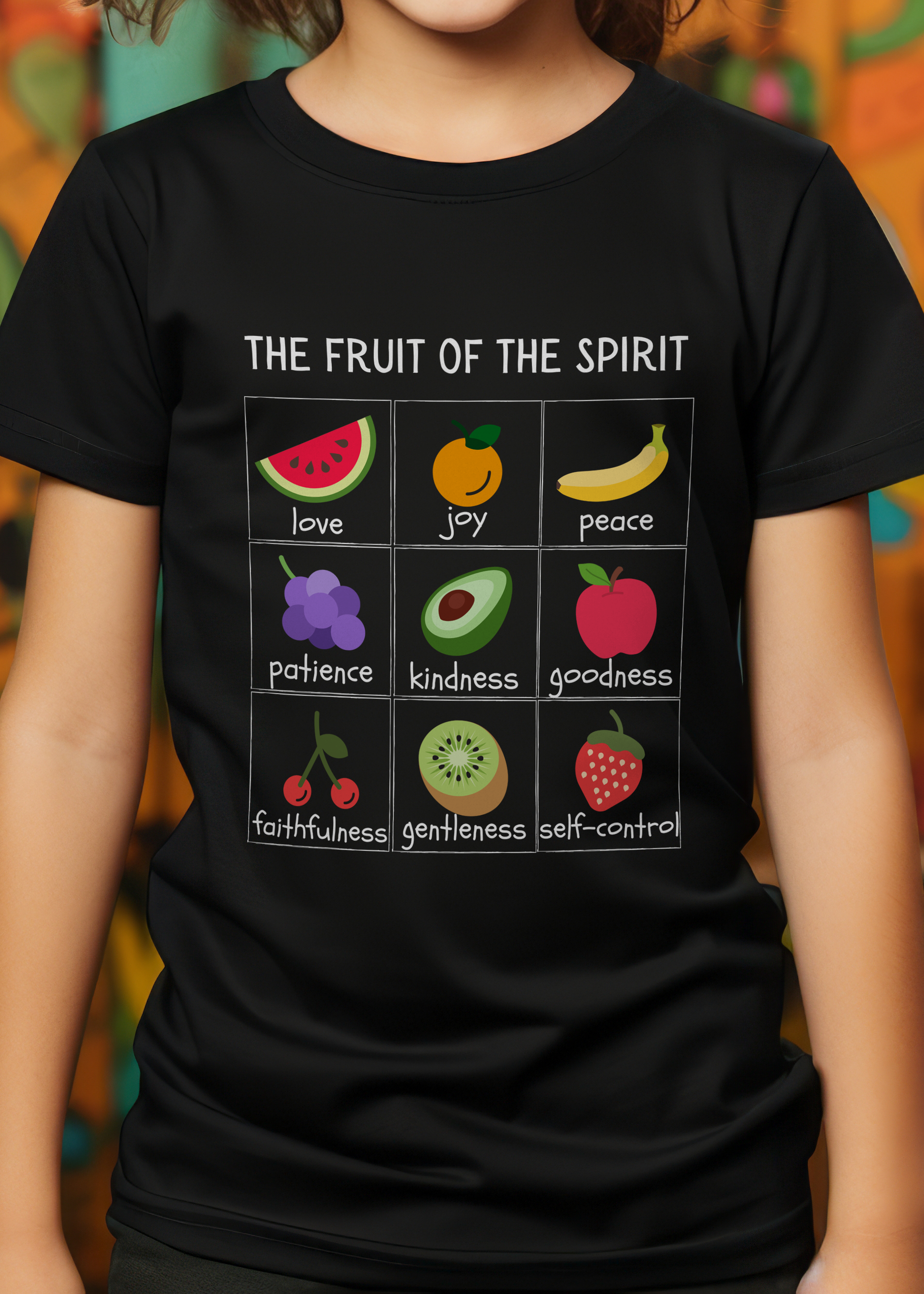 Black kids' Christian T-shirt with "The Fruit of the Spirit" print design in front. Crew neck, classic fit, unisex.