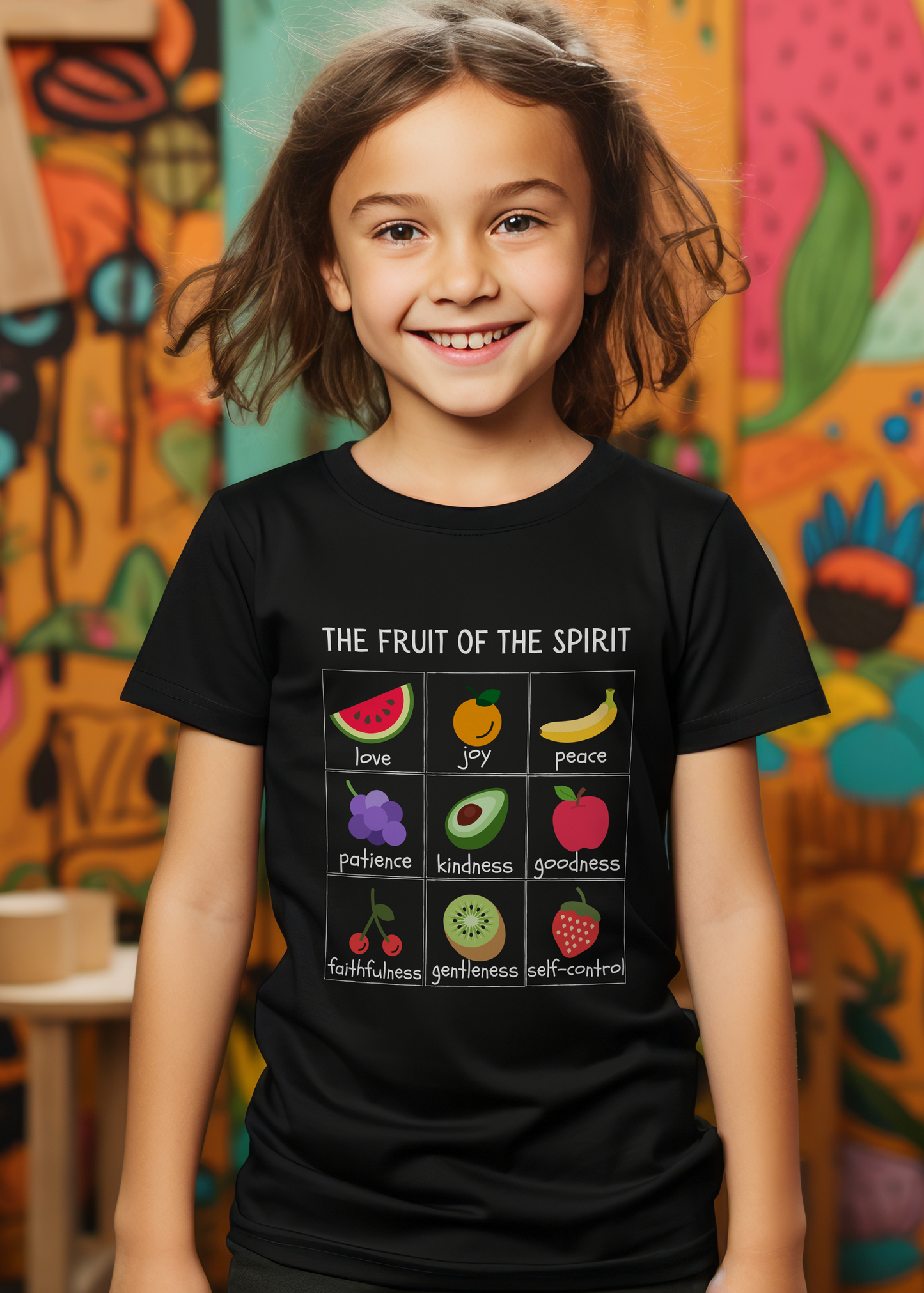 Black kids' Christian T-shirt with "The Fruit of the Spirit" print design in front. Crew neck, classic fit, unisex.