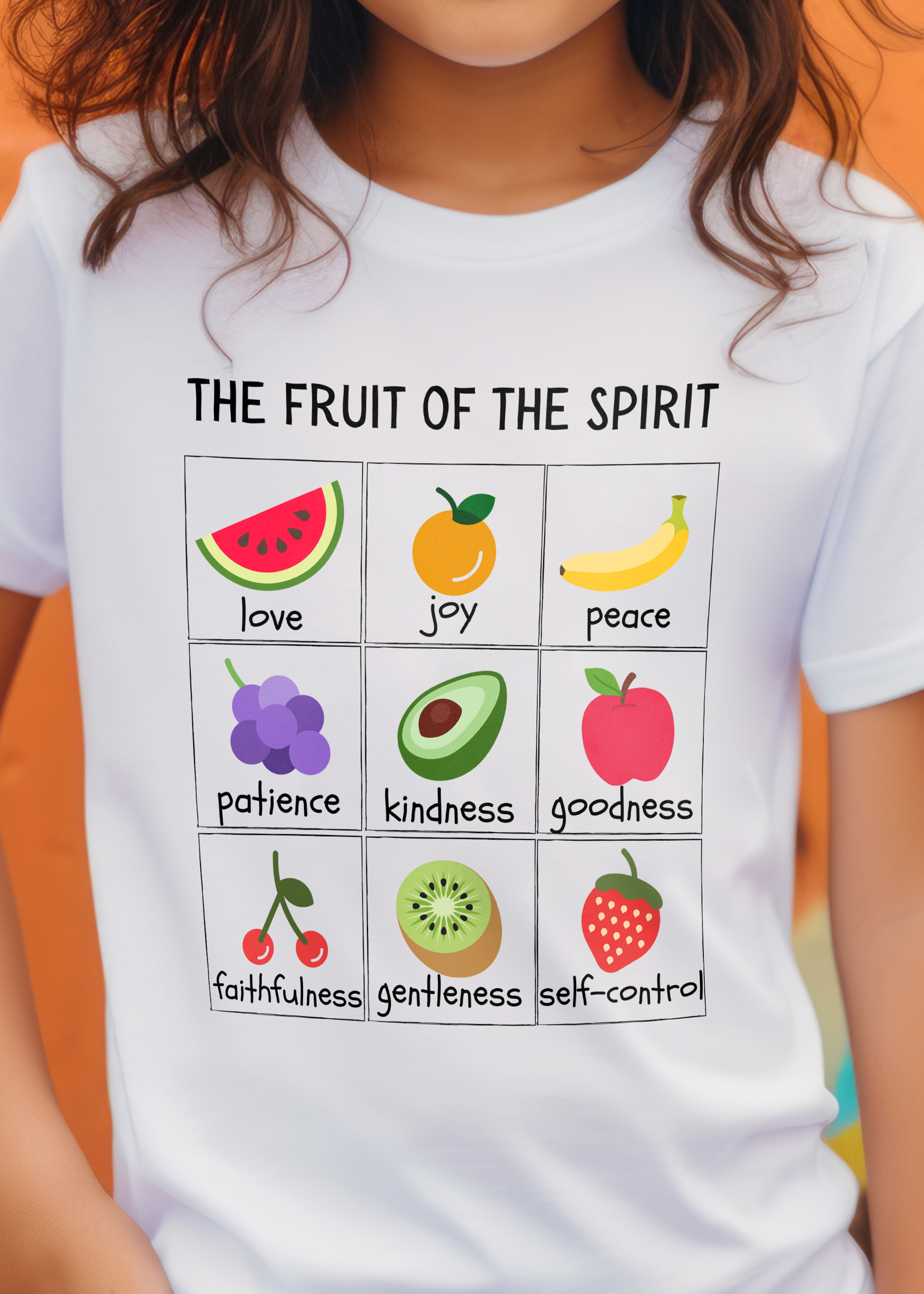 White kids' Christian T-shirt with "The Fruit of the Spirit" print design in front. Crew neck, classic fit, unisex.