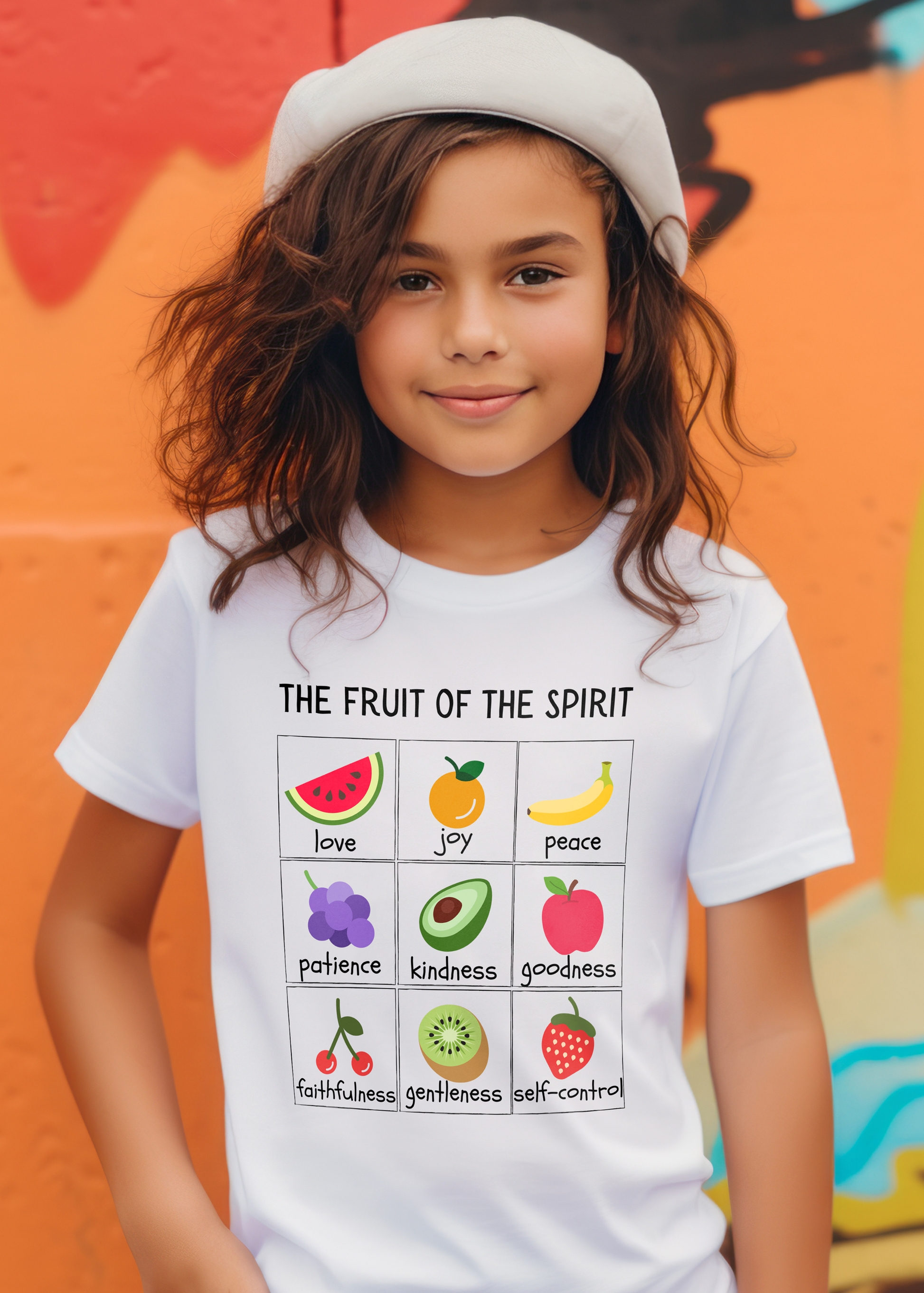 Kids' white Christian T-shirt with "The Fruit of the Spirit" print design in front. Crew neck, classic fit, unisex.