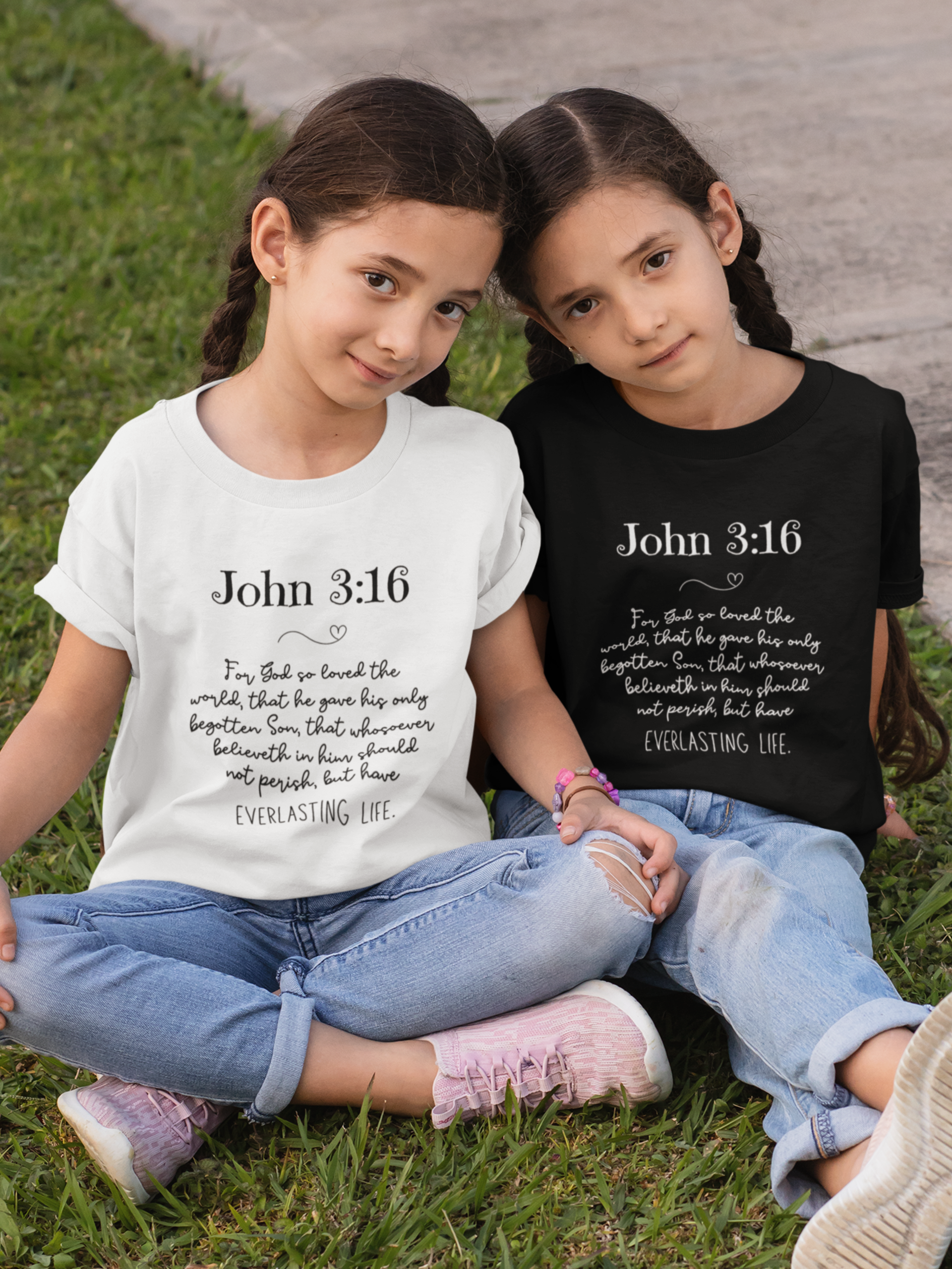 Twins wearing Kids' Christian Shirt White and Black with John 3:16 Bible Verse KJV print design. Crew neck, short-sleeved, classic fit