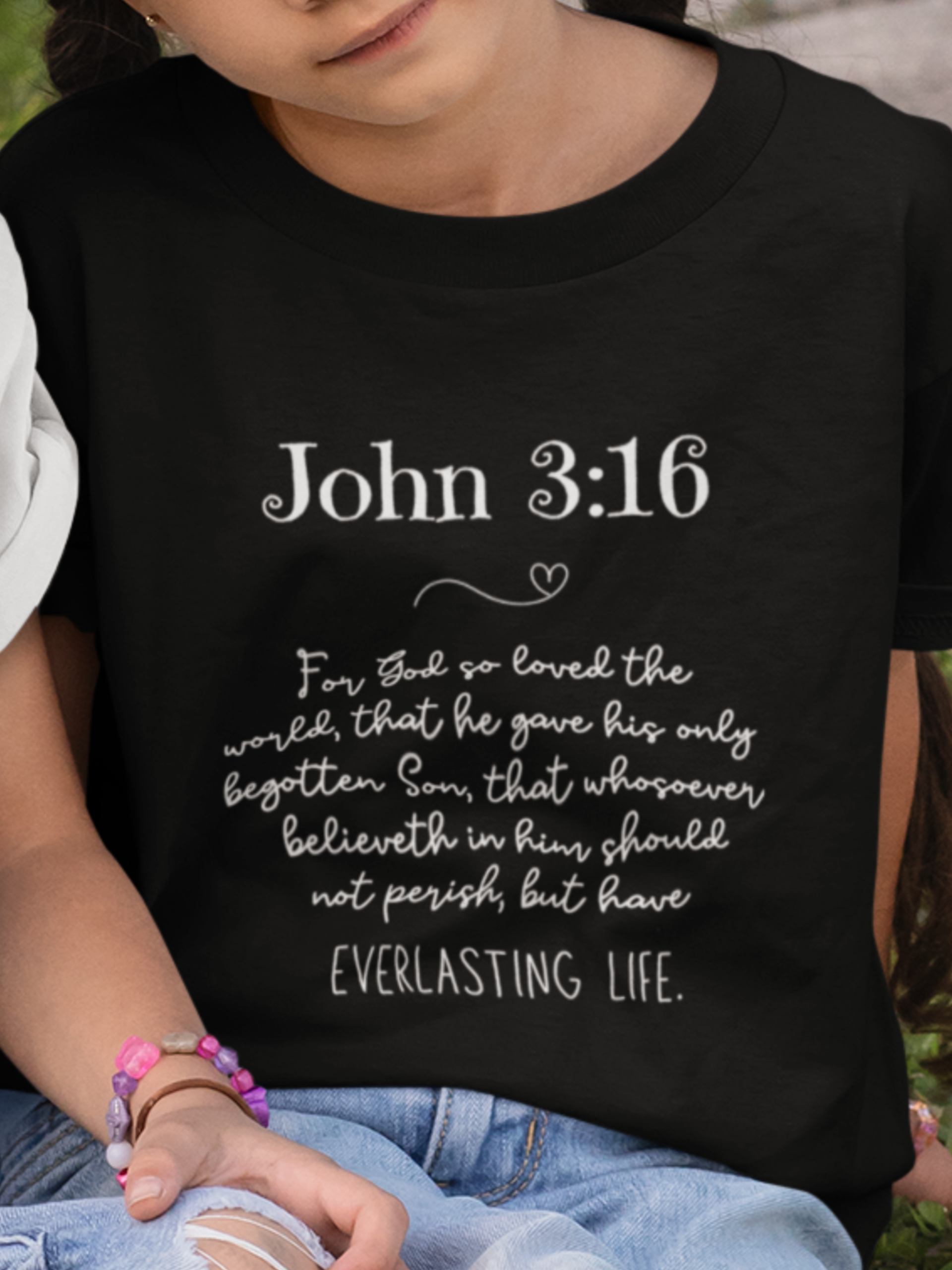 Kid's Christian Shirt Black with John 3:16 Bible Verse KJV print design. Crew neck, short-sleeved, classic fit