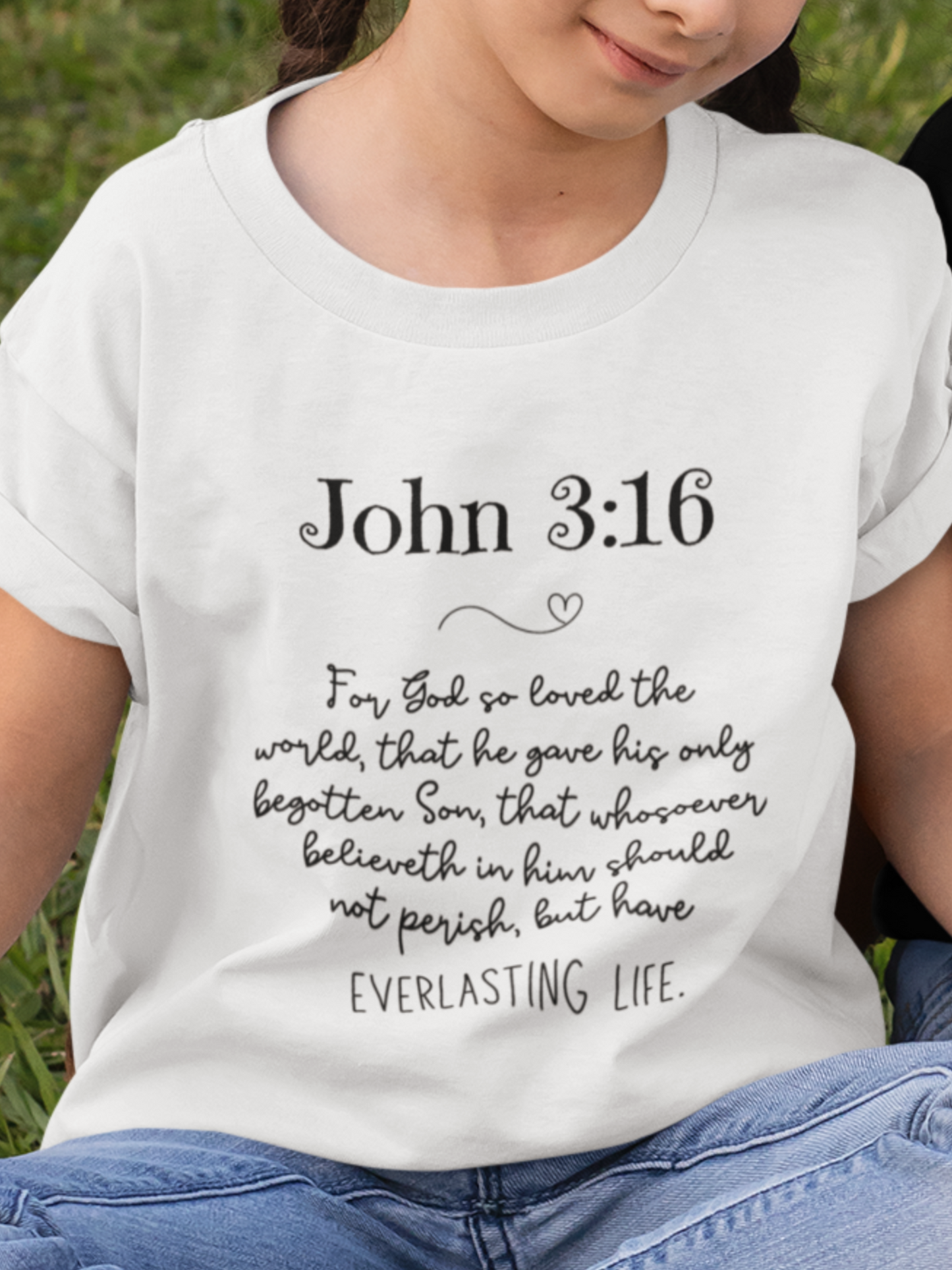 Kid's Christian Shirt White with John 3:16 Bible Verse KJV print design. Crew neck, short-sleeved, classic fit