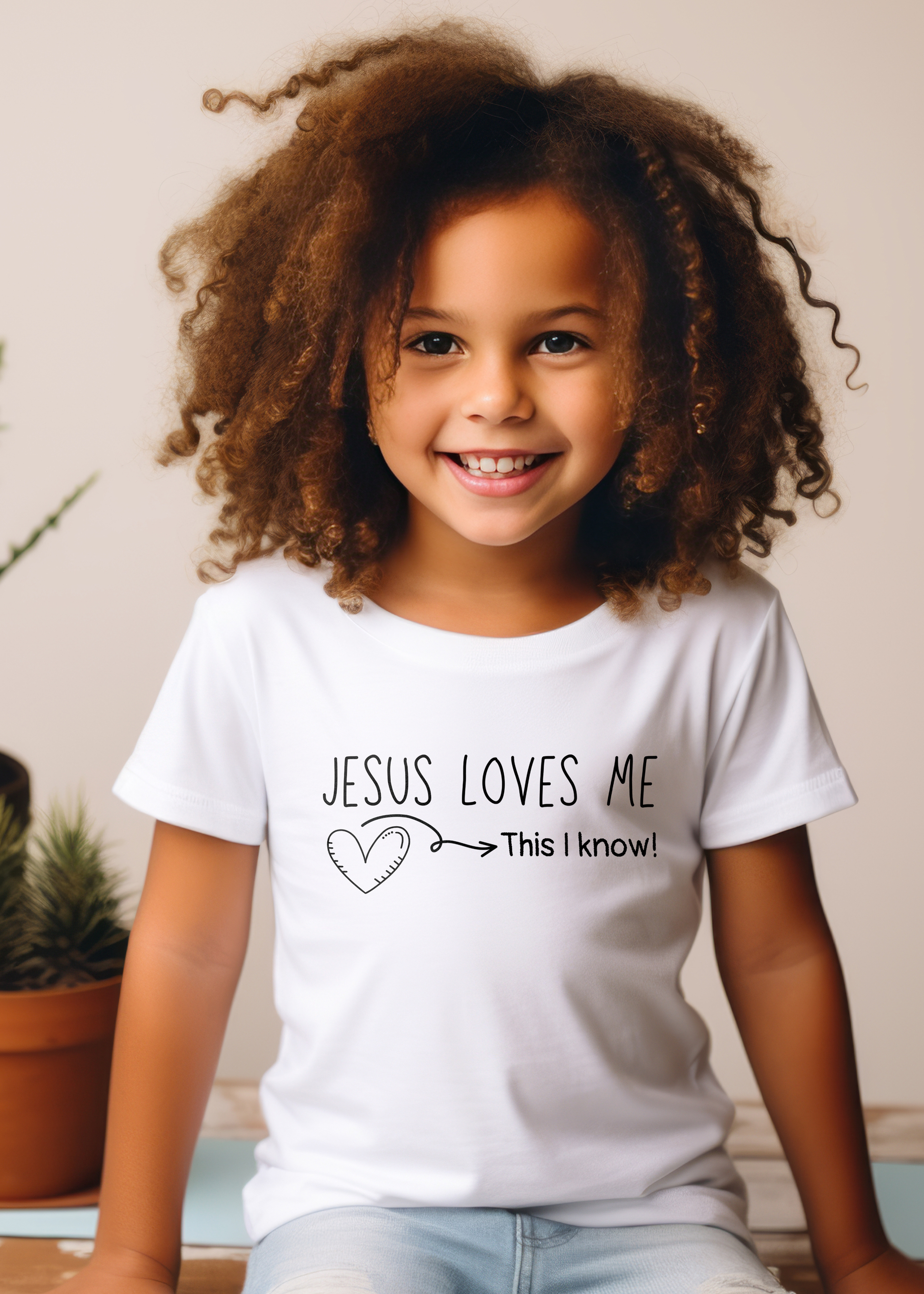 Kid's white Christian T-shirt with "Jesus loves me, this I know" print design. Crew neck, classic fit, unisex.