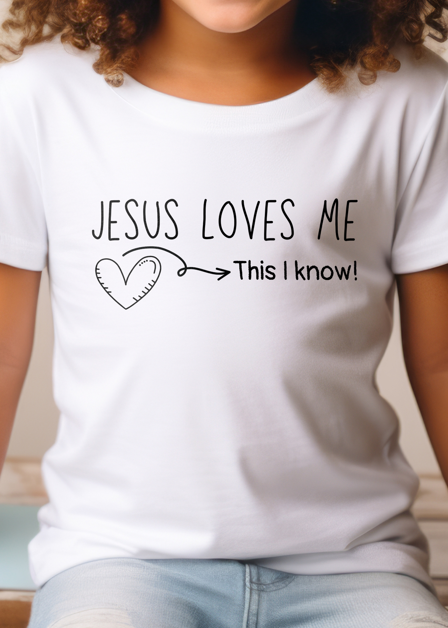 Kid's white Christian T-shirt with "Jesus loves me, this I know" print design. Crew neck, classic fit, unisex.