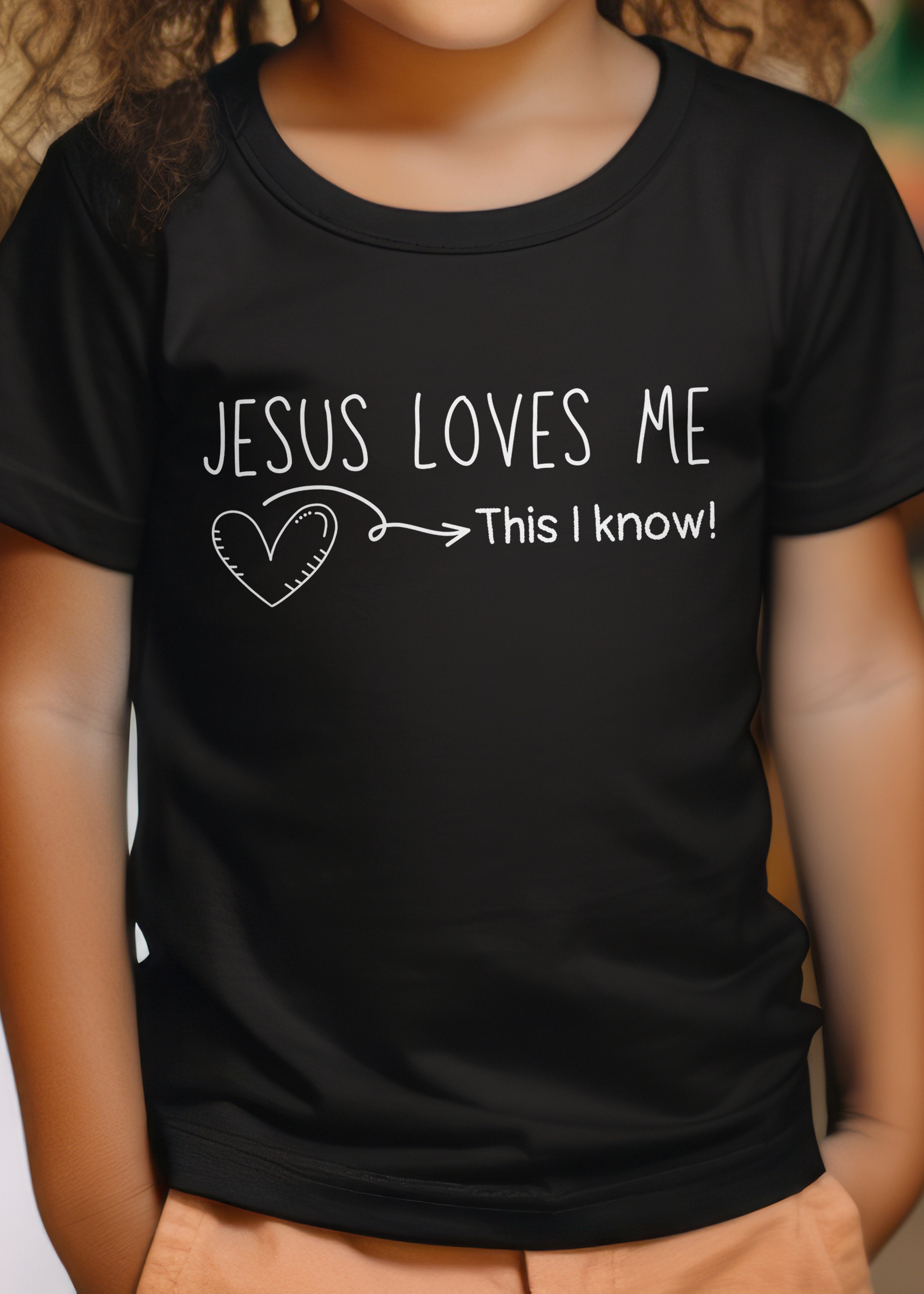 Kid's black Christian T-shirt with "Jesus loves me, this I know" print design. Crew neck, classic fit, unisex.