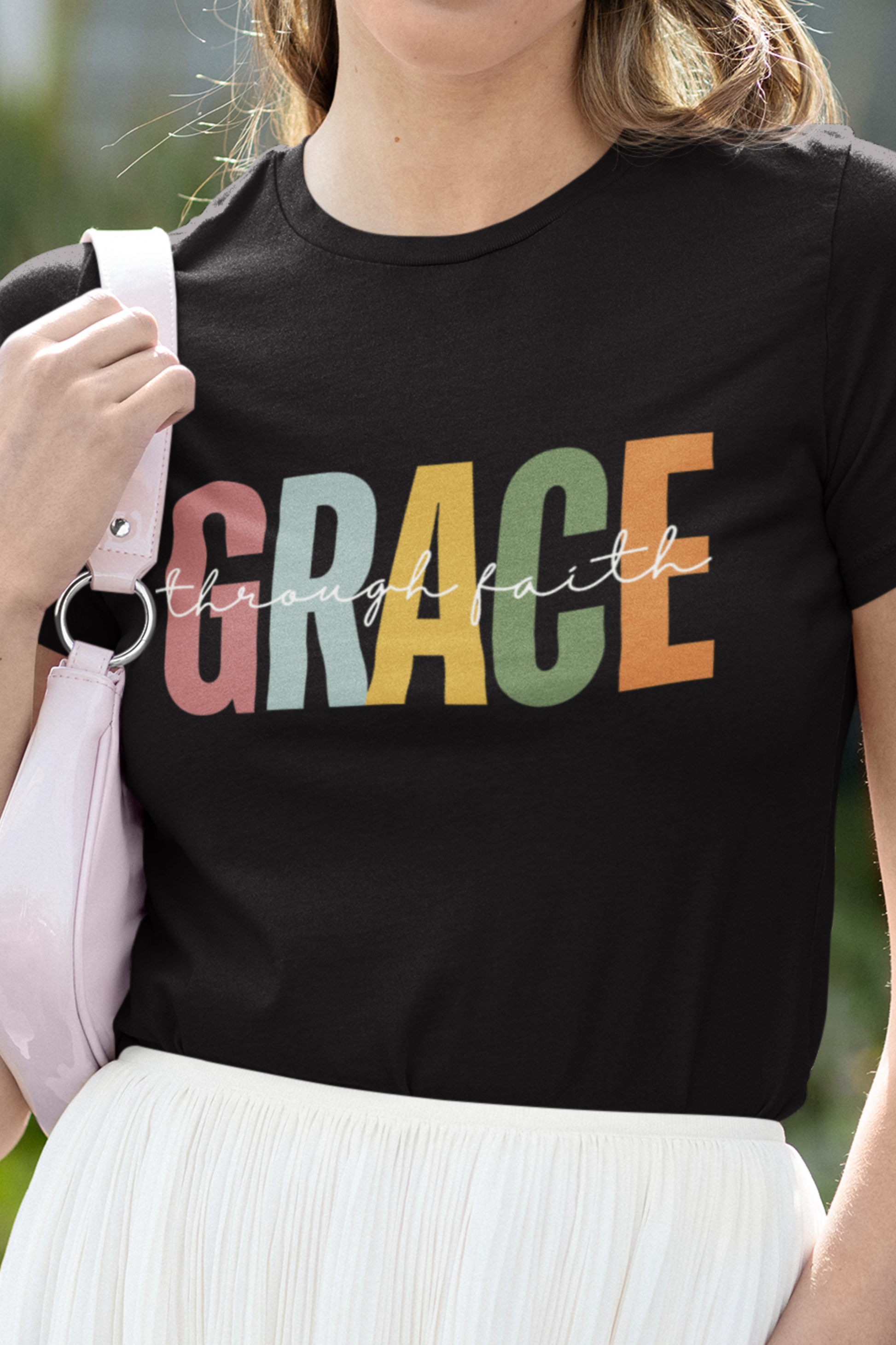 Ladies Christian T-shirt with "Grace Through Faith" print design, black shirt.