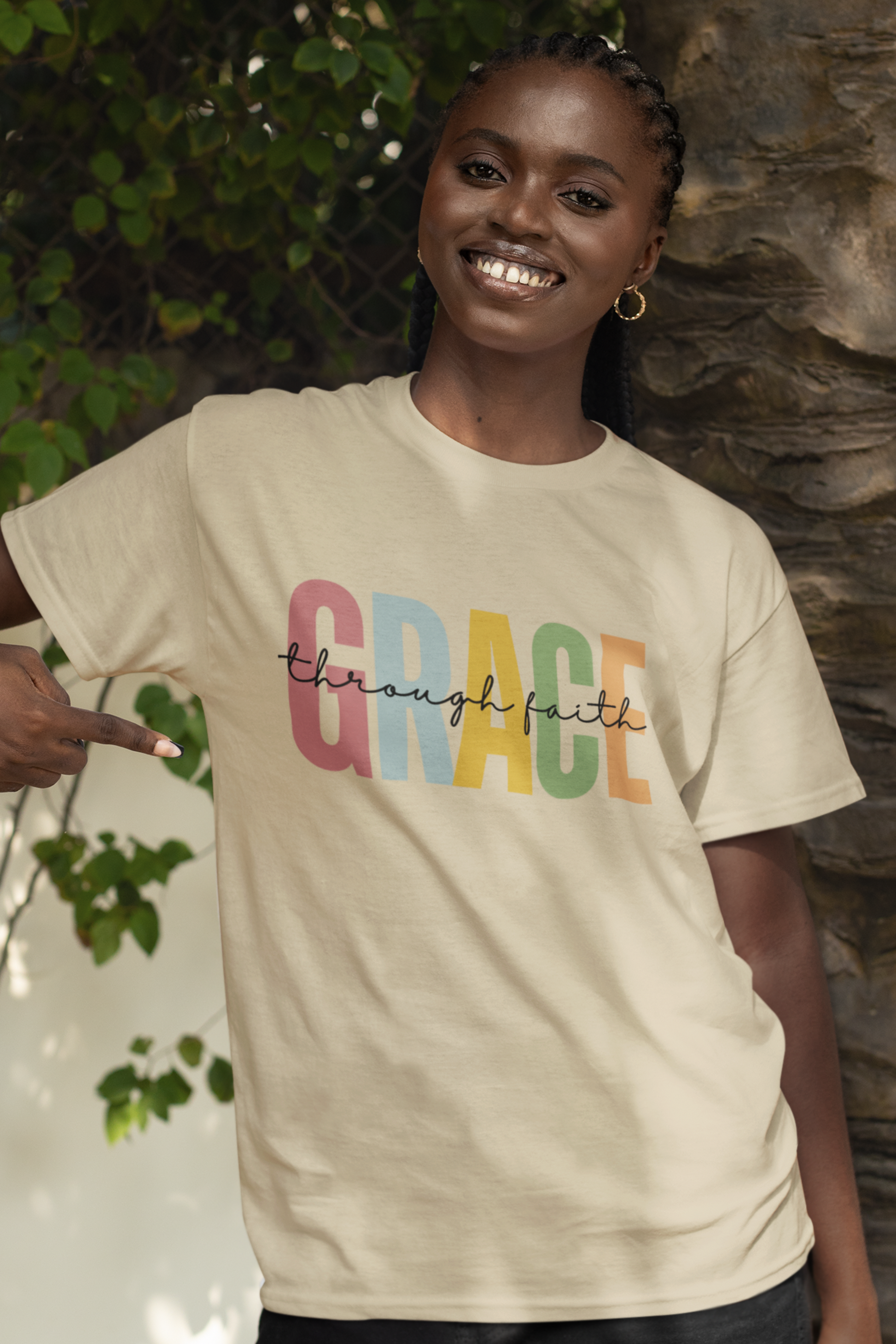 Ladies Christian T-shirt with "Grace Through Faith" print design, natural color