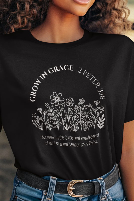 Ladies Christian T-shirt with "Grow In Grace" print design in black.