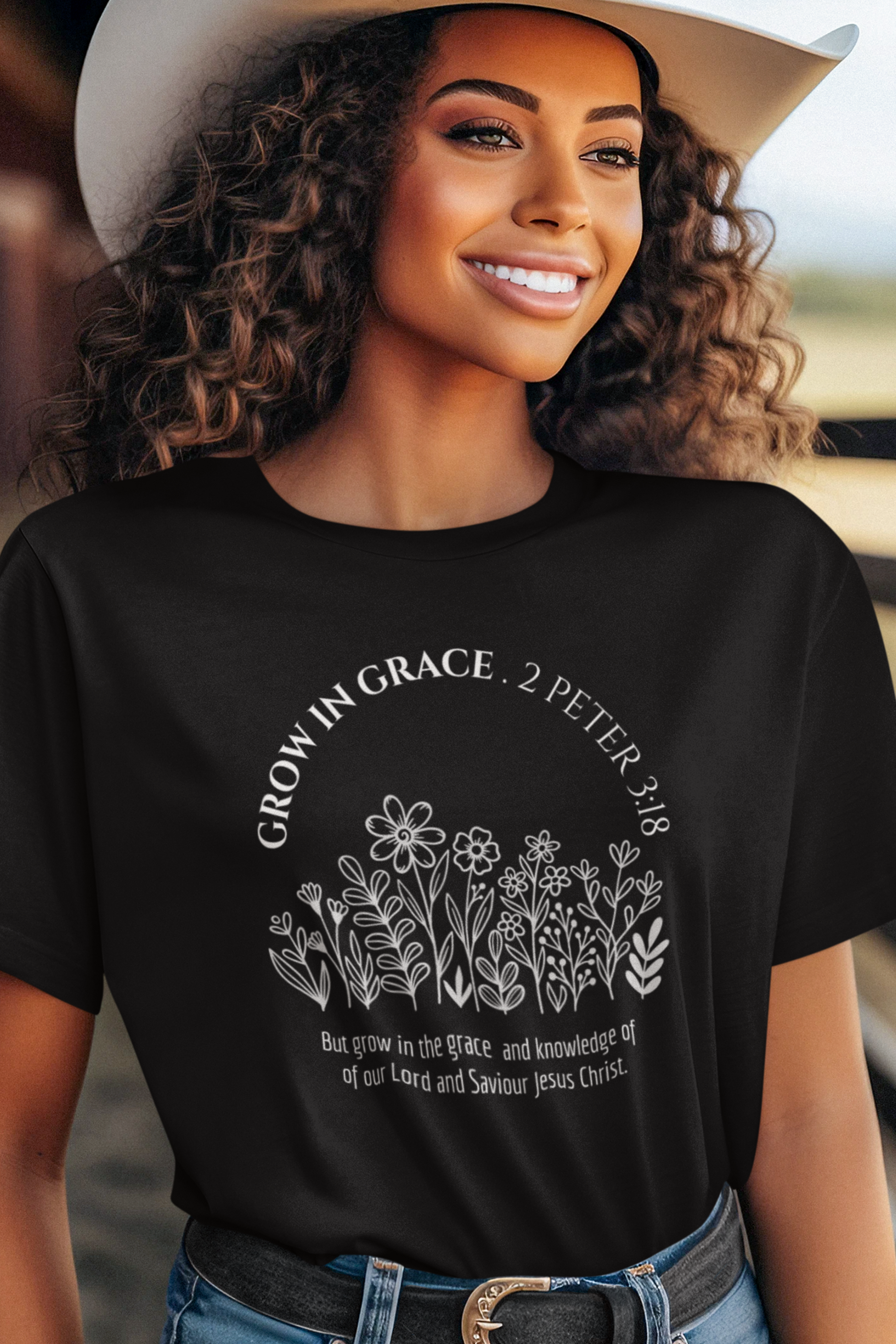 Black Christian T-shirt with "Grow In Grace" print design 