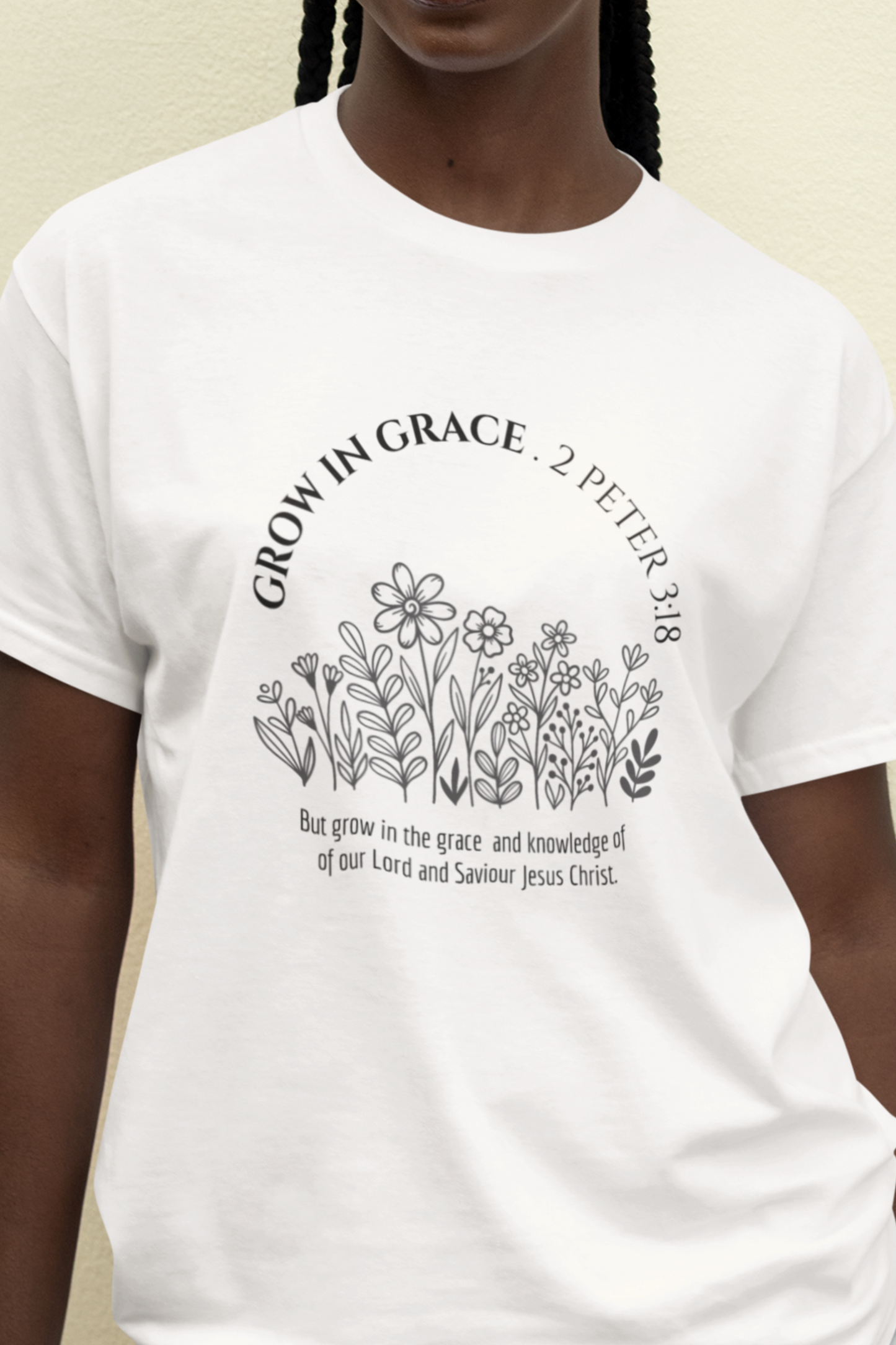 White Christian T-Shirt for Ladies with "Grow In Grace" print design