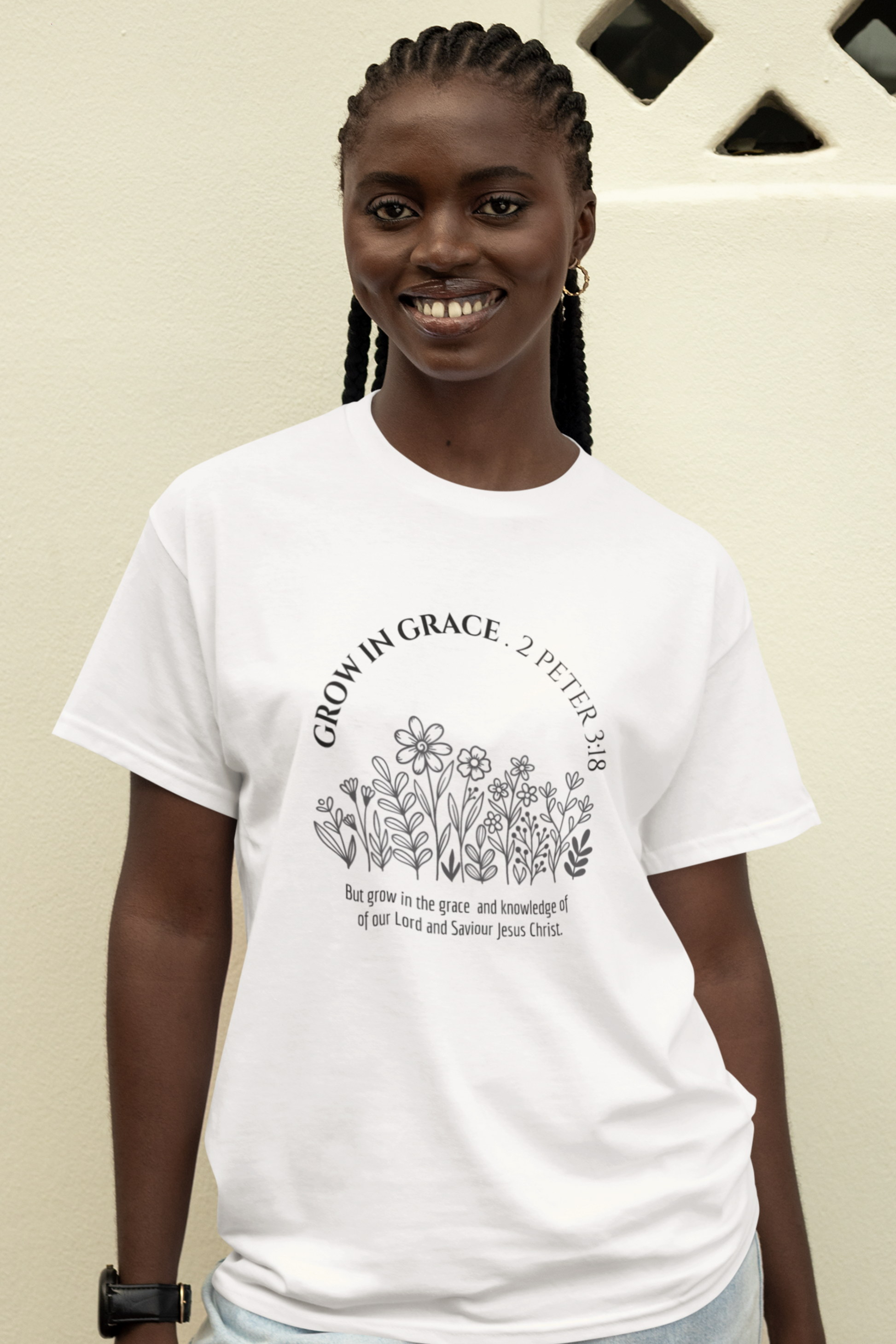 Christian T-Shirt for Ladies with "Grow In Grace" print design in white.