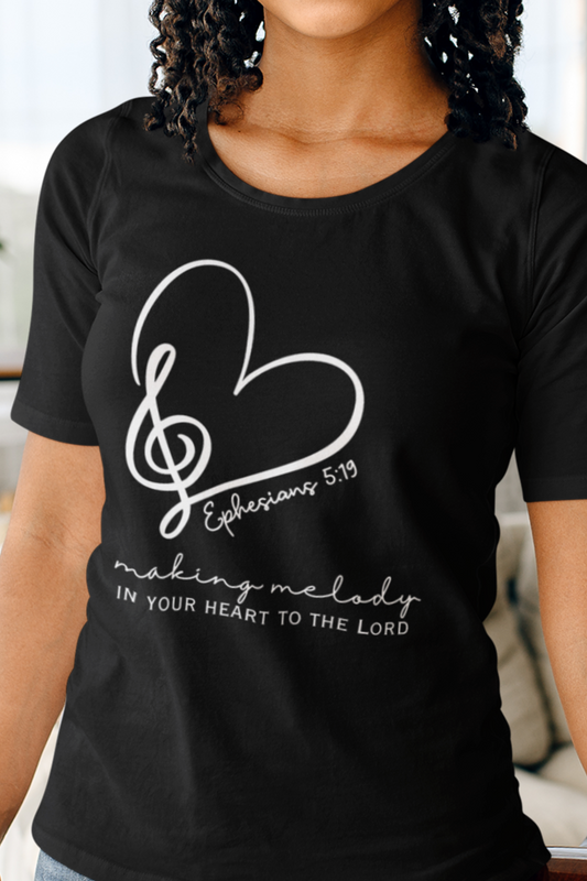 Ladies Christian T-Shirt with "Making melody in your heart to the Lord" print design. Black color, Crew neck, short-sleeved, classic retail fit.