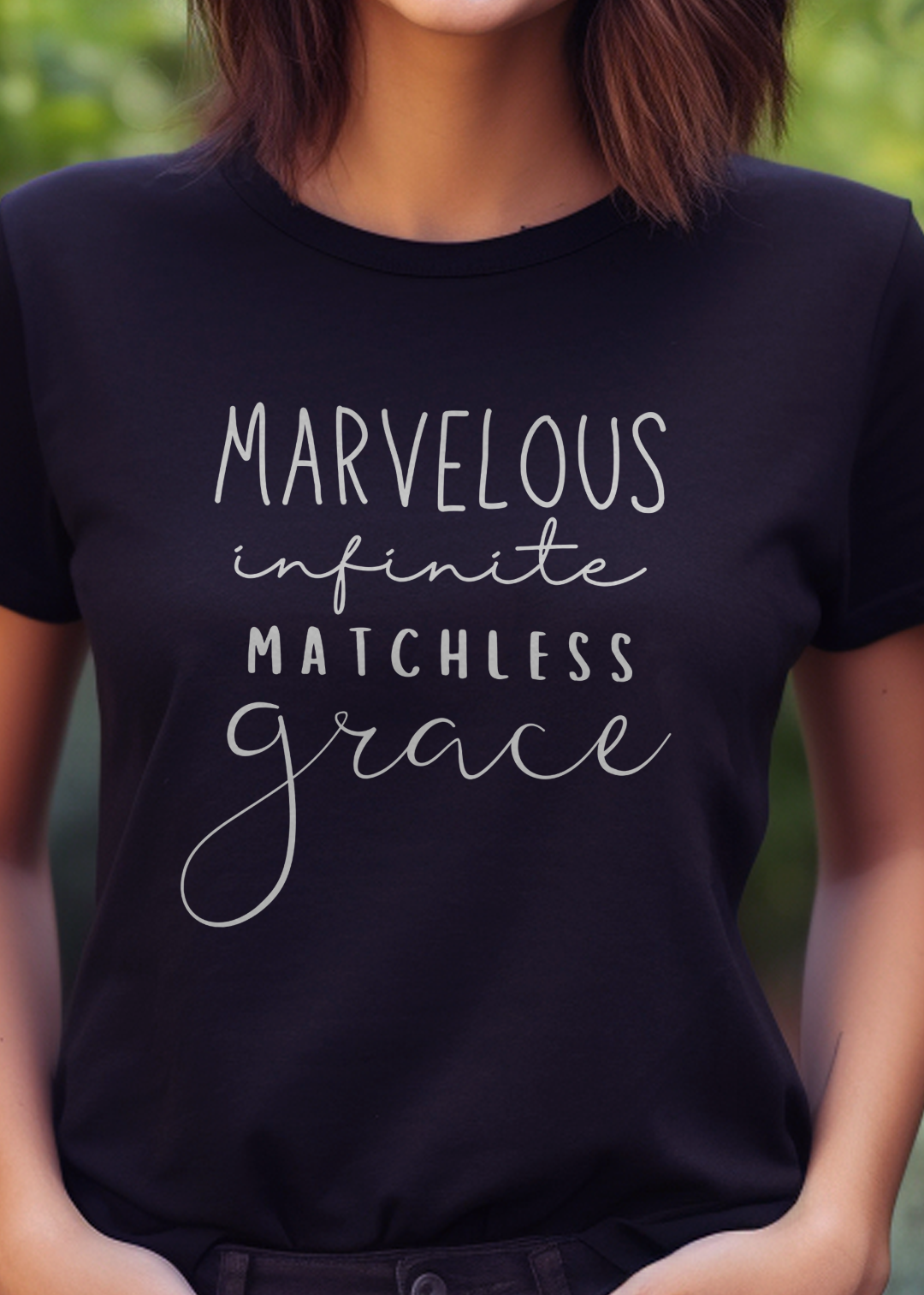 Black Christian T-Shirt with "Marvelous, Infinite, Matchless Grace" print design. Crew neck, short-sleeved, classic fit, soft fabric.