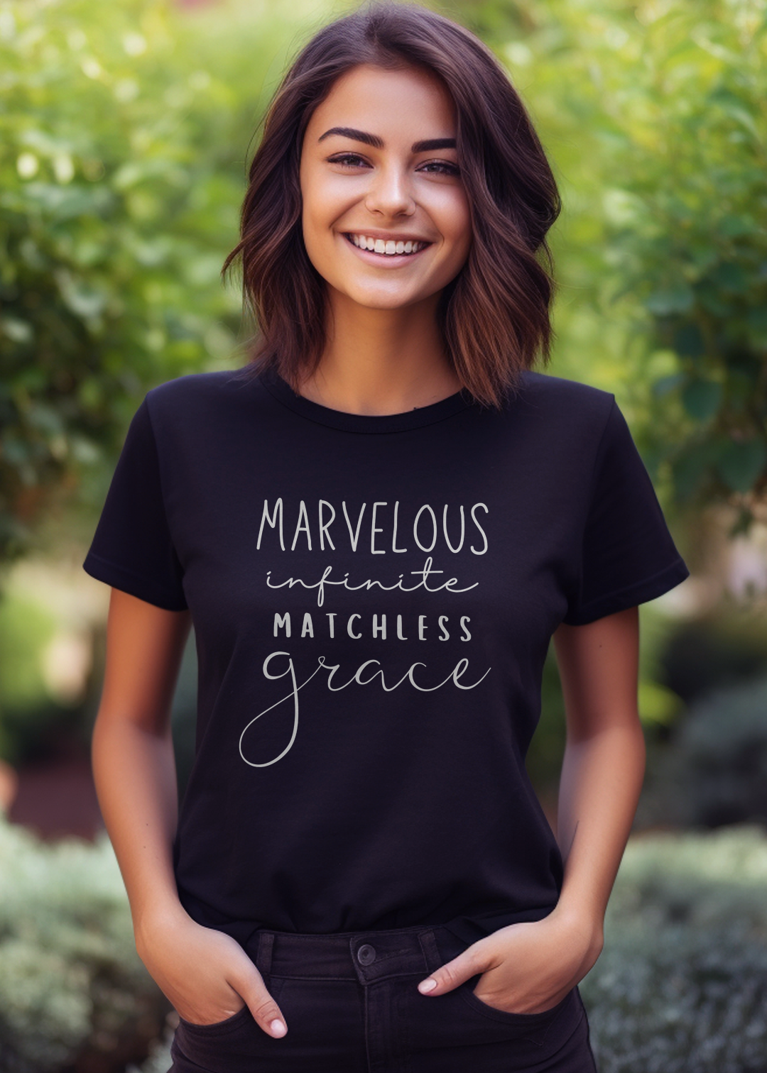 Black Christian T-Shirt with "Marvelous, Infinite, Matchless Grace" print design. Crew neck, short-sleeved, classic fit, soft fabric.