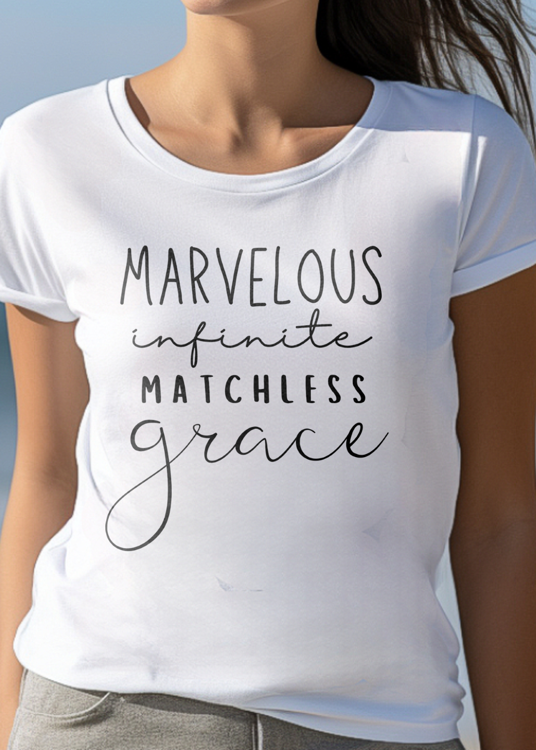 White Christian T-Shirt with "Marvelous, Infinite, Matchless Grace" print design. Crew neck, short-sleeved, classic fit, soft fabric.