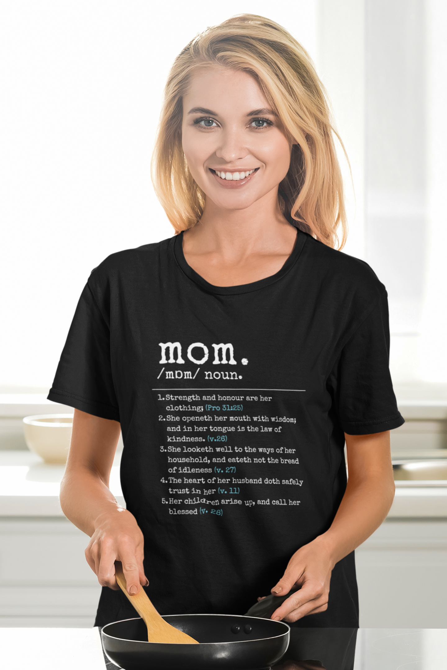 Christian Mother's Day Black Tshirt with Proverbs 31 definition of mom print design. Crew neck, short-sleeved, classic retail fit.