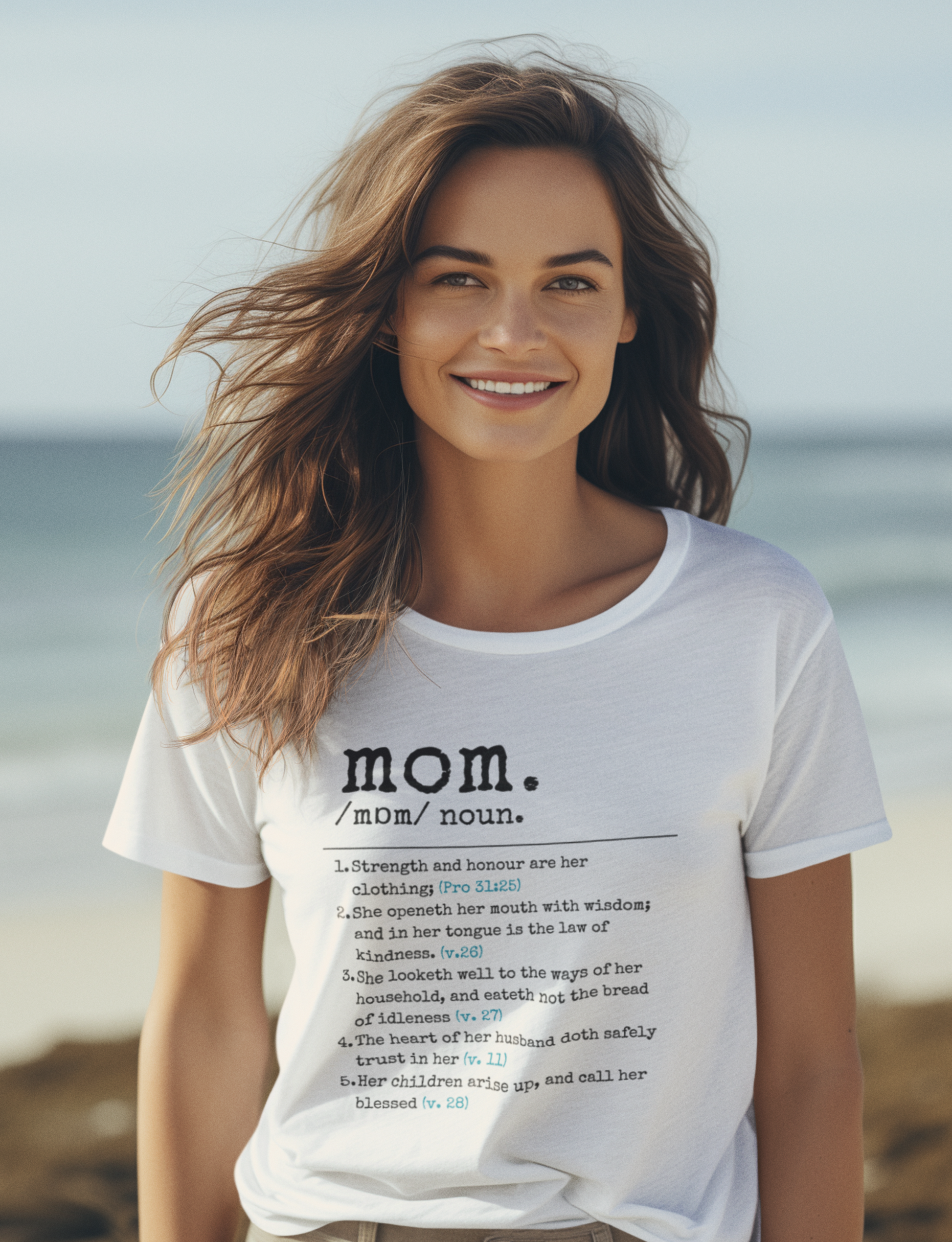  Christian Mother's Day White Tshirt with Proverbs 31 definition of mom print design. Crew neck, short-sleeved, classic retail fit.