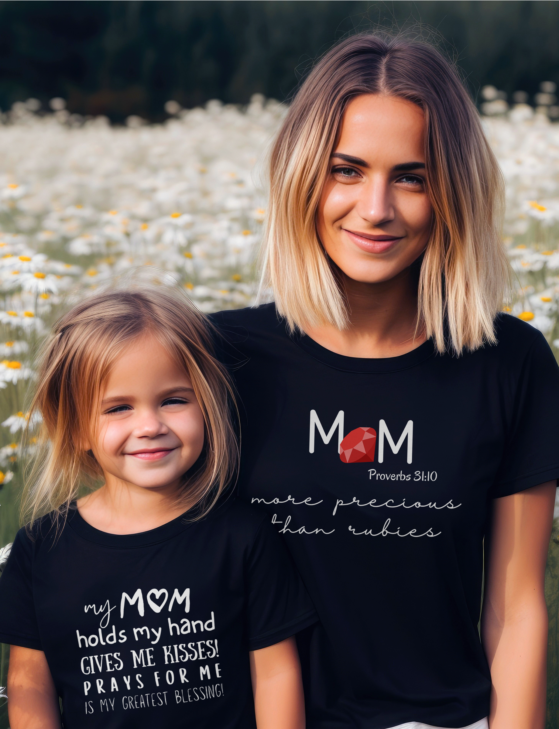 Black Christian Mother's Day T-Shirt with "Mom: More Precious Than Rubies" print design. Crew neck, short-sleeved, classic fit.