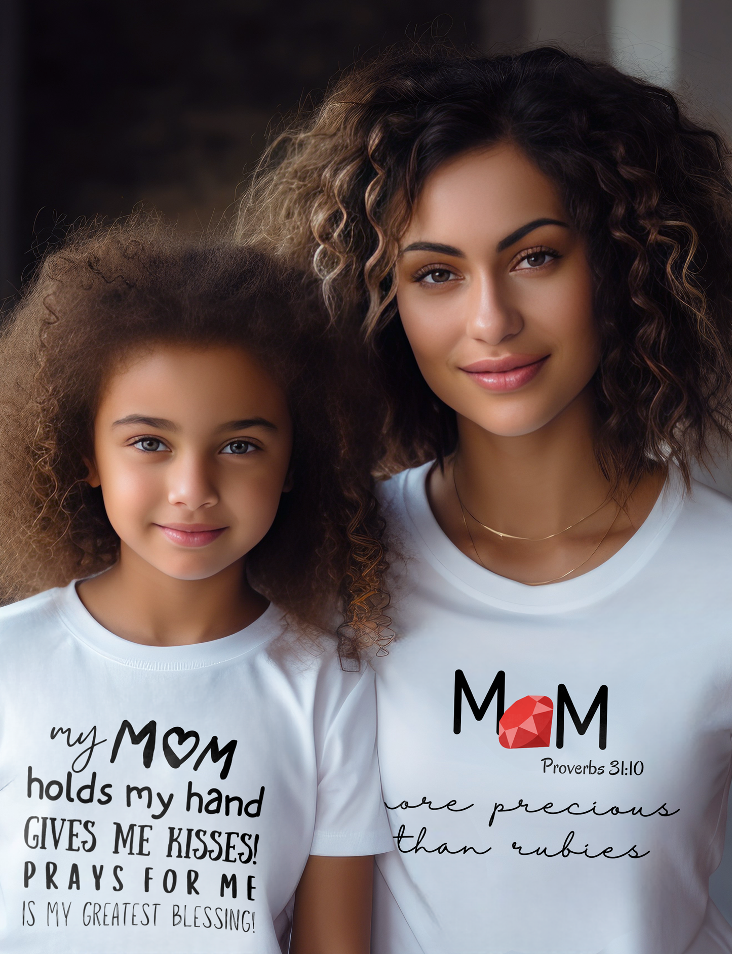 Christian Mother's Day White T-Shirt with "Mom: More Precious Than Rubies" print design. Crew neck, short-sleeved, classic fit.