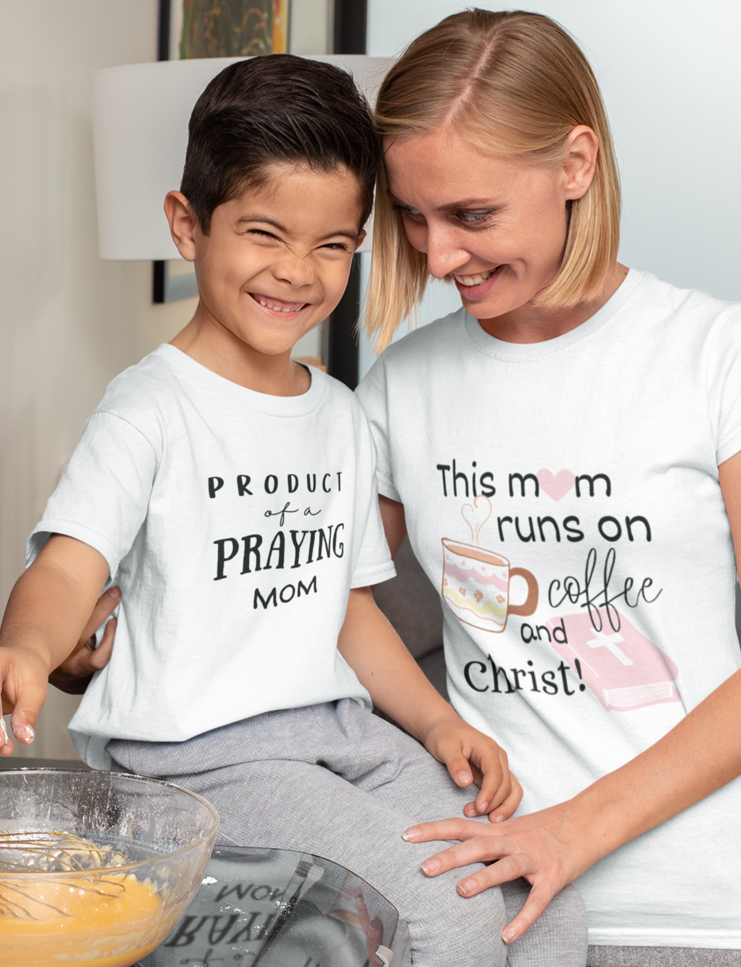 White Mother's Day Christian T-Shirt with "This mom runs of coffee and Christ" print design. Crew neck, short-sleeved, soft fabric.