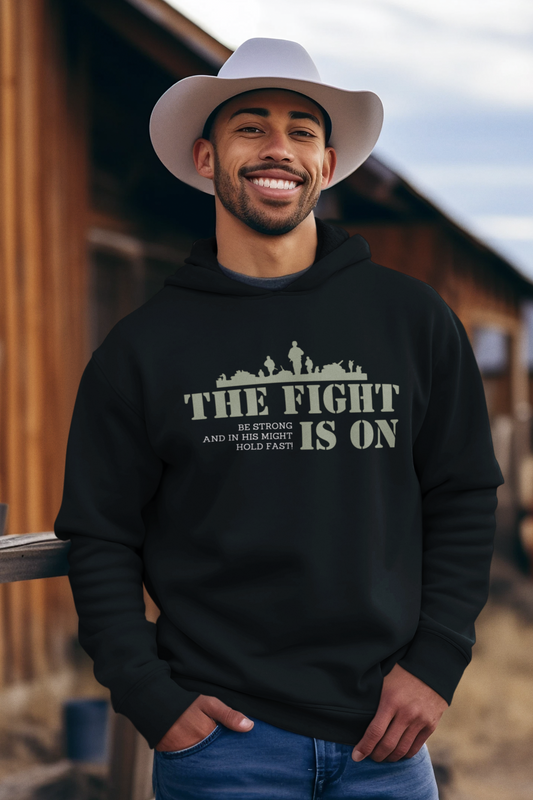 Black Christian Hoodie with "The Fight Is On" Print Design. Unisex, with large front pouch pocket.