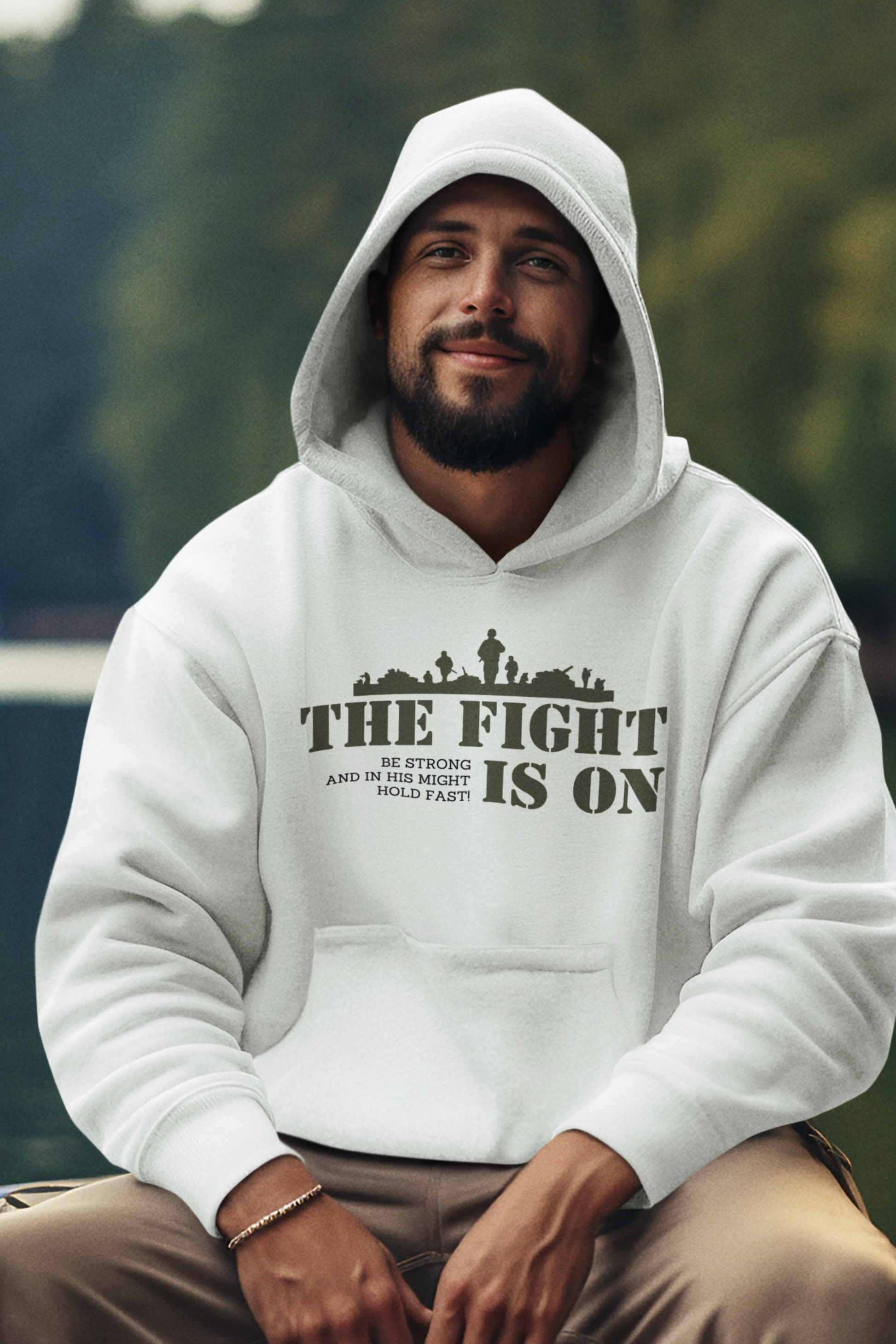 White Christian Hoodie with "The Fight Is On" Print Design. Unisex, with large front pouch pocket.