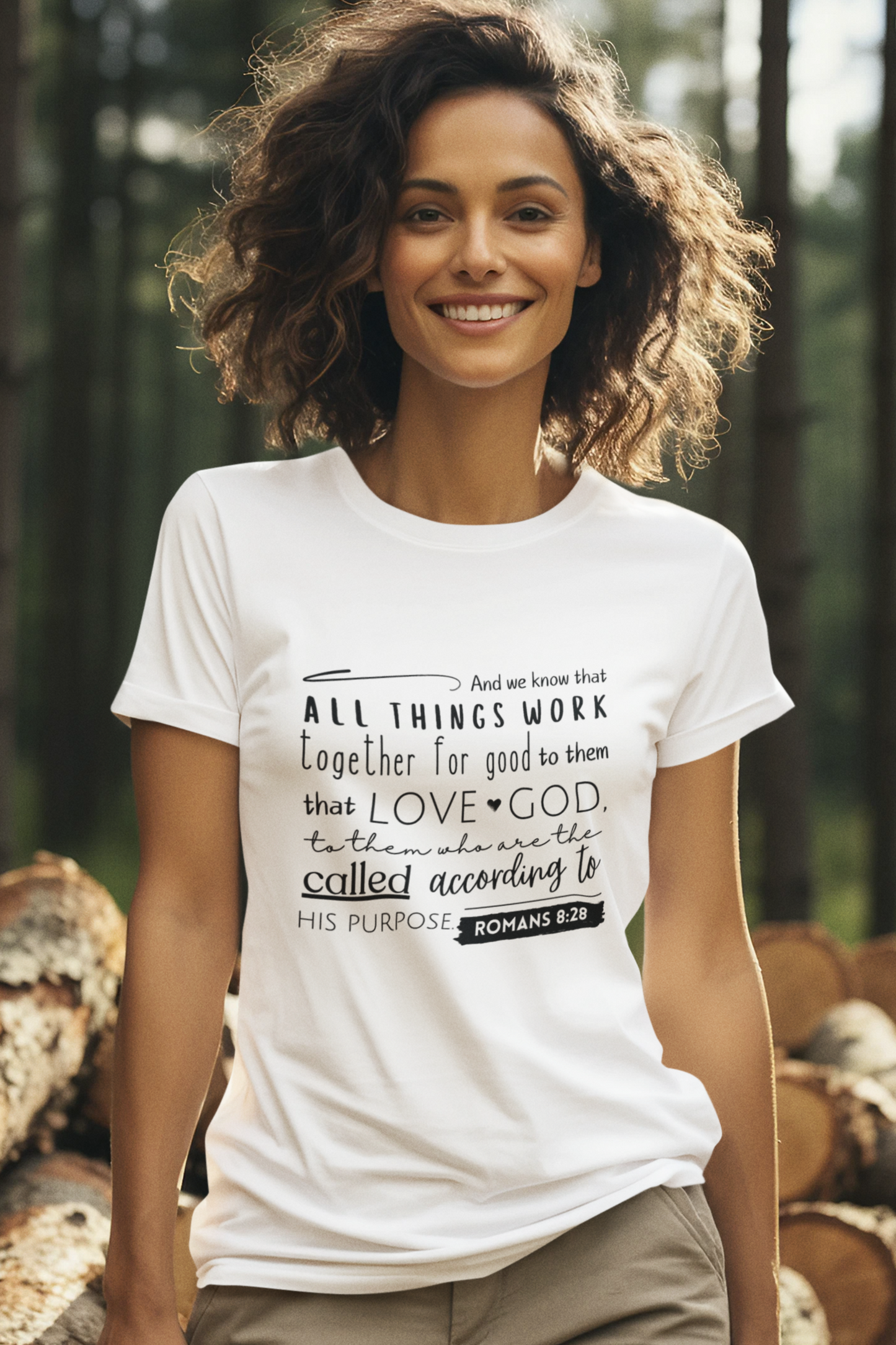 White Christian T-Shirt with Romans 8:28 KJV print design. Crew neck, Short-sleeved, classic fit