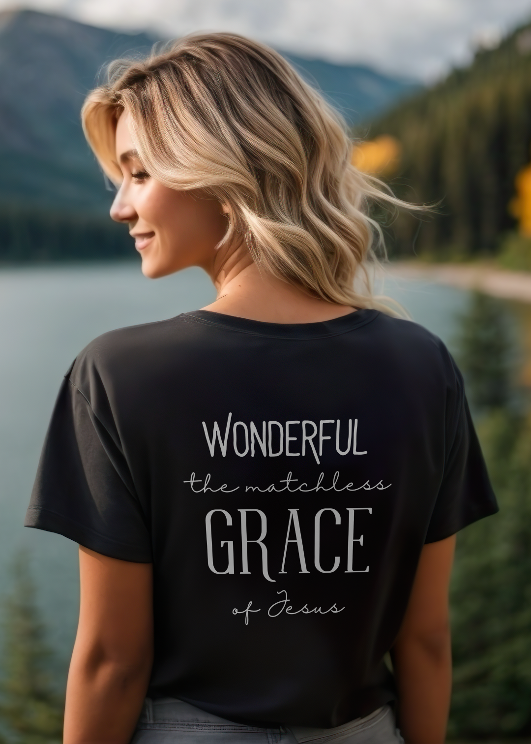 Black Christian T-Shirt with "Wonderful the Matchless Grace of Jesus" print design. Crew neck, short-sleeved, classic fit, soft fabric