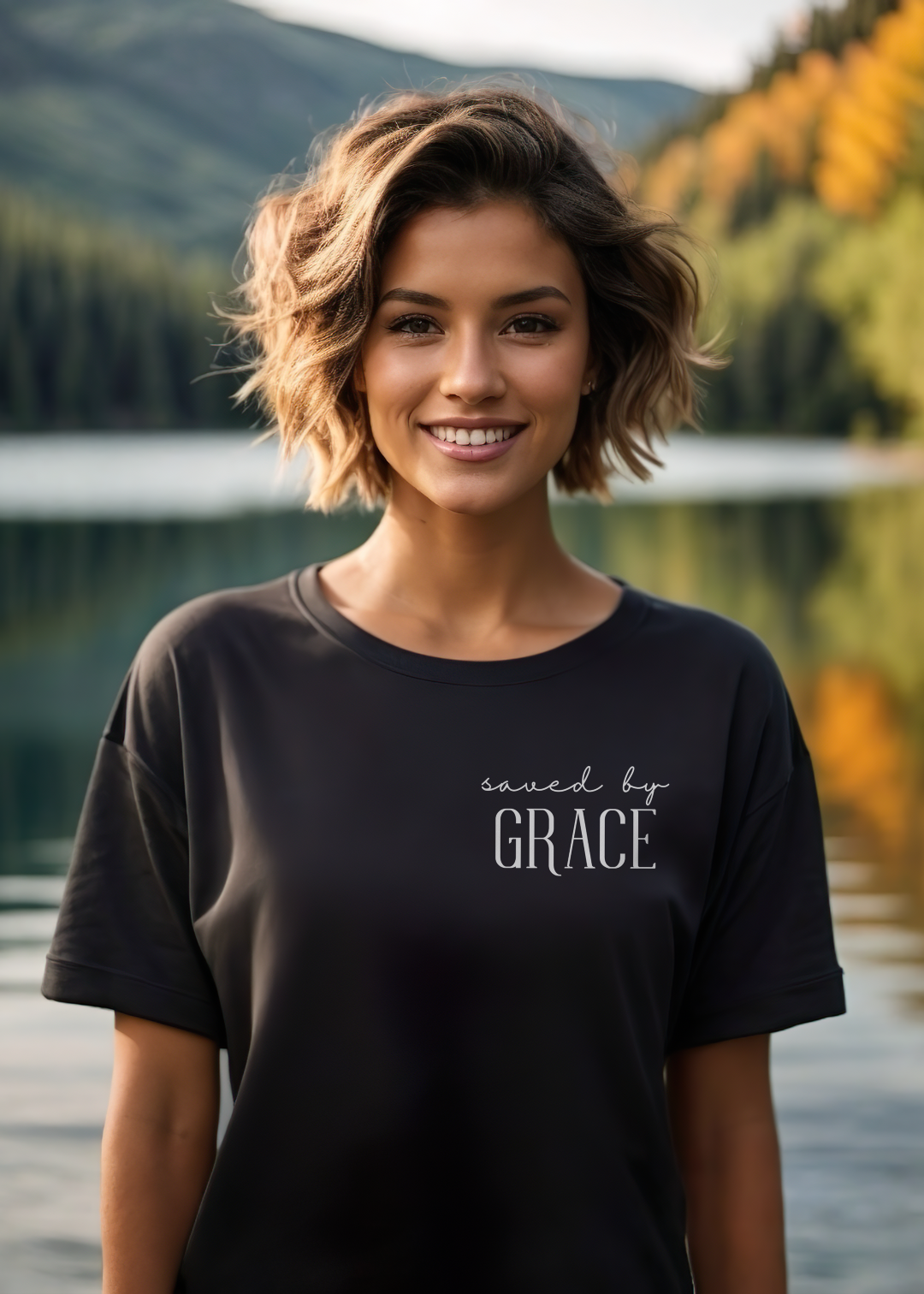 Black Christian T-Shirt with "Saved by Grace" print design. Crew neck, short-sleeved, classic fit, soft fabric