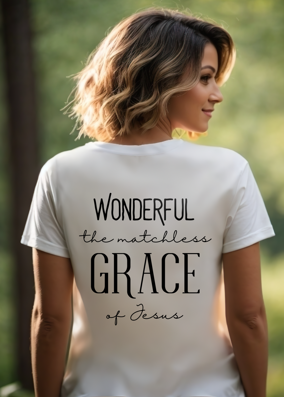 White Christian T-Shirt with "Wonderful the Matchless Grace of Jesus" print design. Crew neck, short-sleeved, classic fit, soft fabric