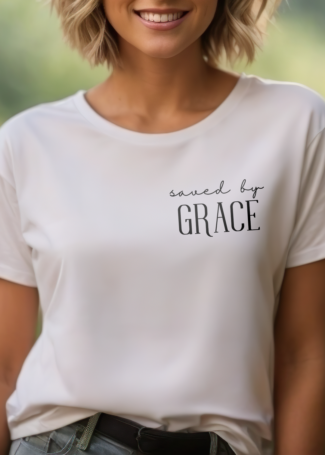 White Christian T-Shirt with "Saved by Grace" print design. Crew neck, short-sleeved, classic fit, soft fabric