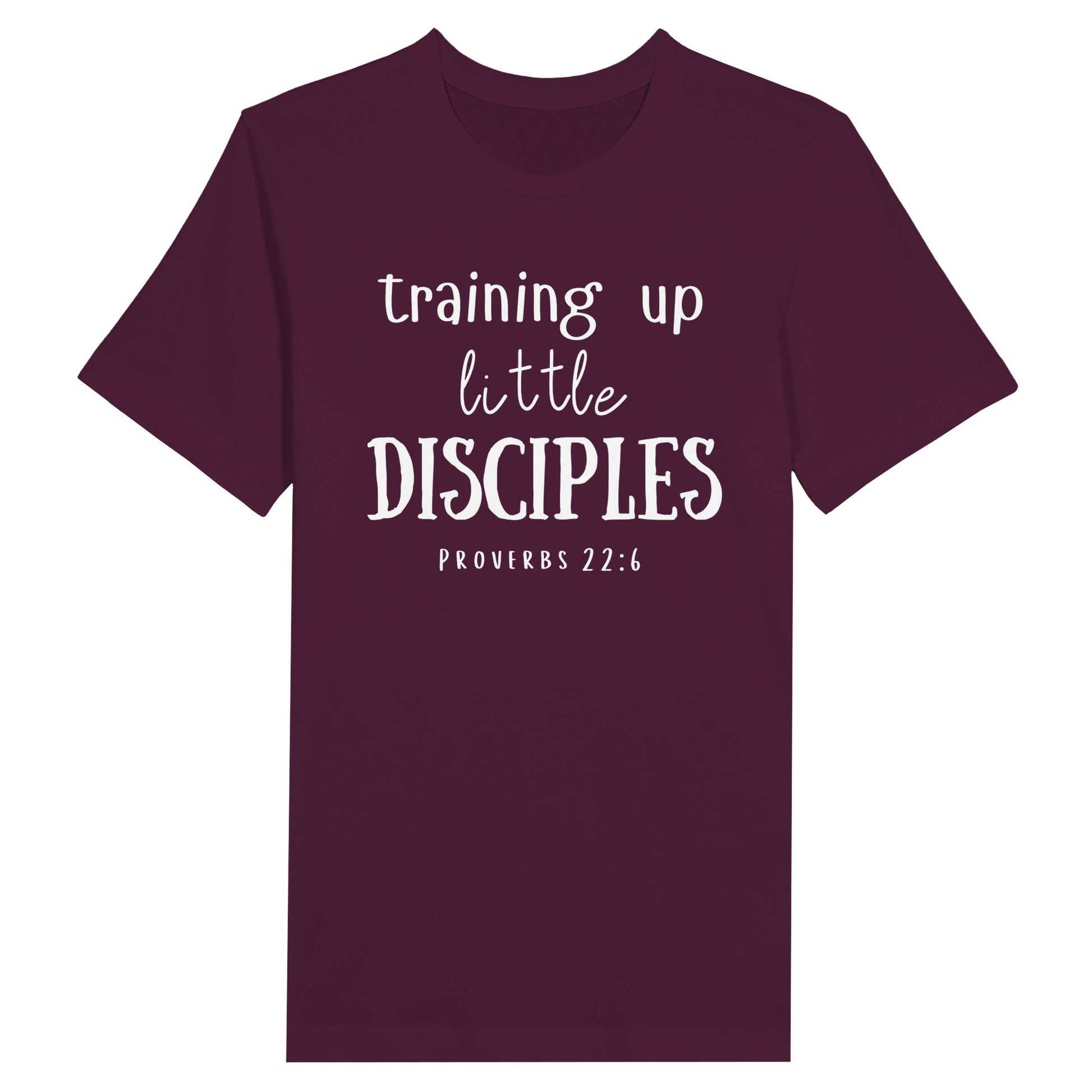 Maroon Mother's Day Christian T-Shirt with "Training Up Little Disciples" print design. Crew neck, short-sleeved, classic retail fit.