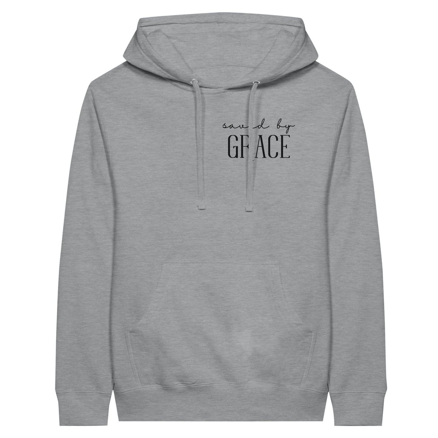 Gray Christian pullover hoodie with "Saved by Grace" print design at the front. With large front pouch pocket.