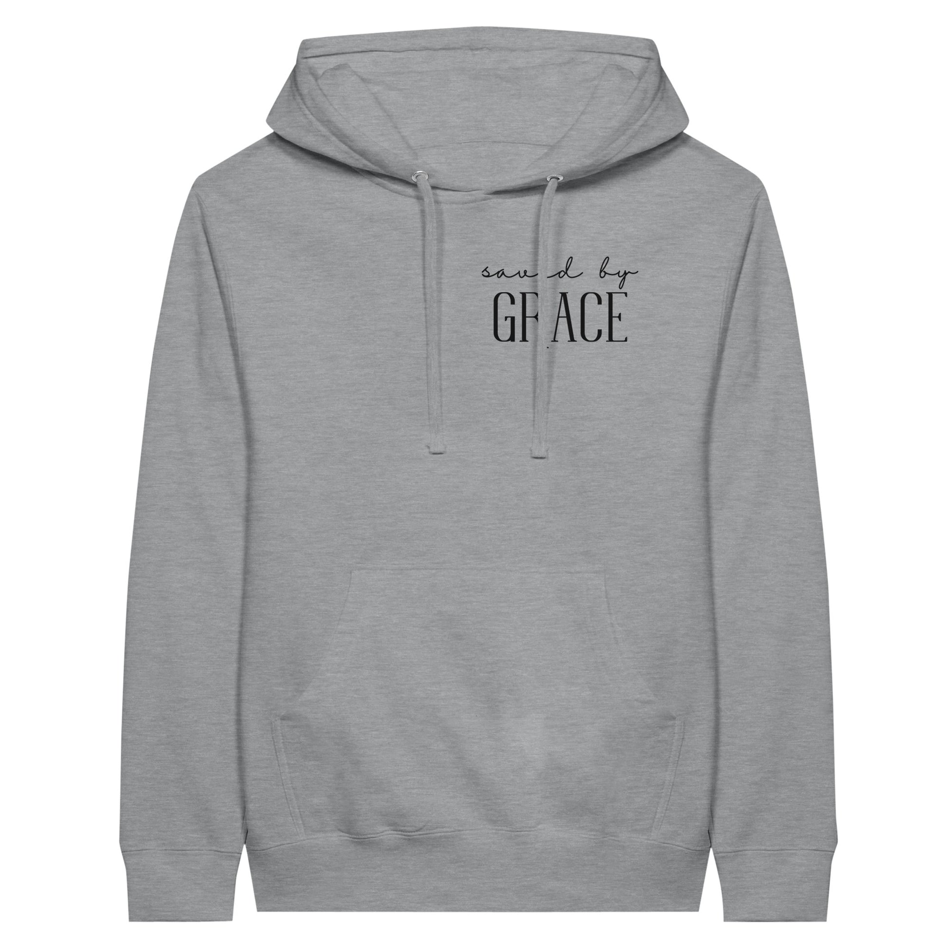 Gray Christian pullover hoodie with "Saved by Grace" print design at the front. With large front pouch pocket.