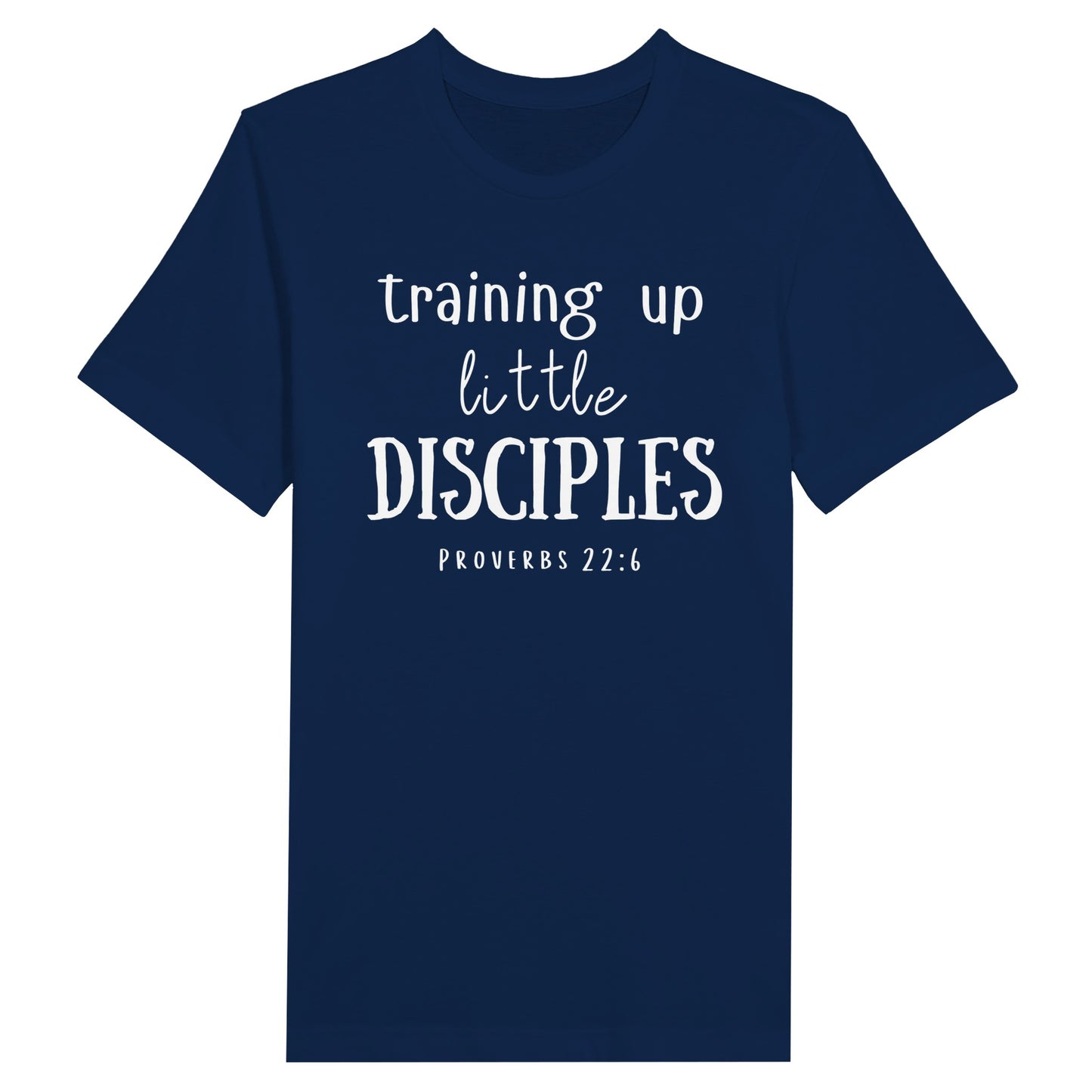 Navy Mother's Day Christian T-Shirt with "Training Up Little Disciples" print design. Crew neck, short-sleeved, classic retail fit.