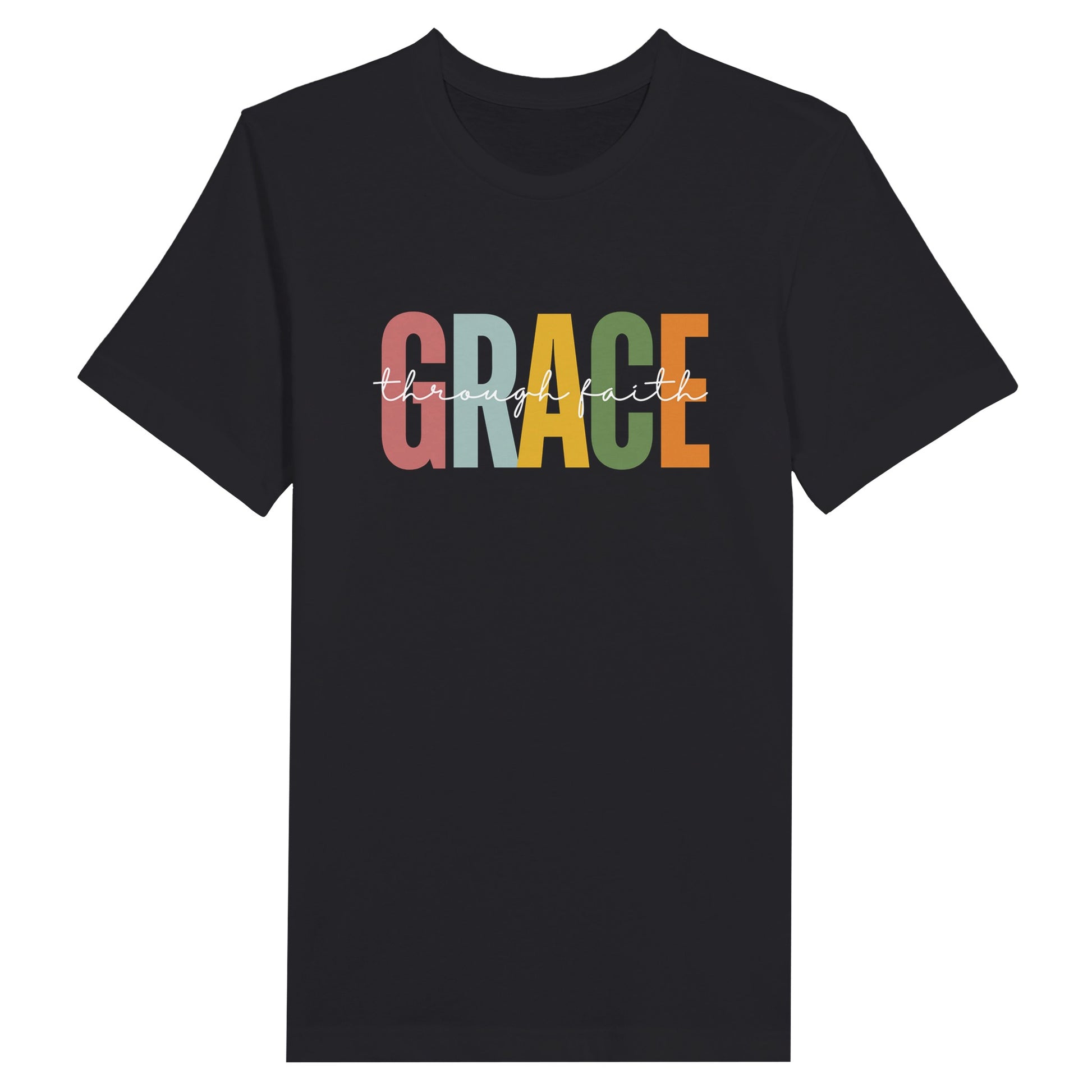 Ladies Christian T-shirt with "Grace Through Faith" print design, black shirt.